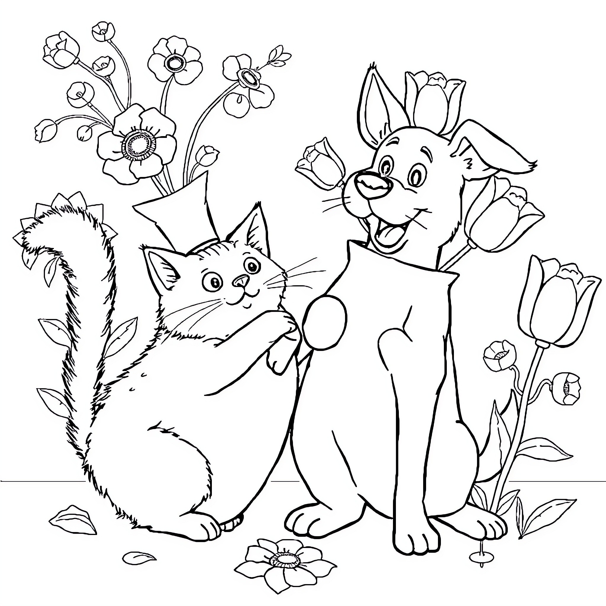 Animal friends in a flower garden Coloring Page (free black-and-white line drawing printable PDF for all, from beginners to advanced learners, including children, teens, adults, and seniors)