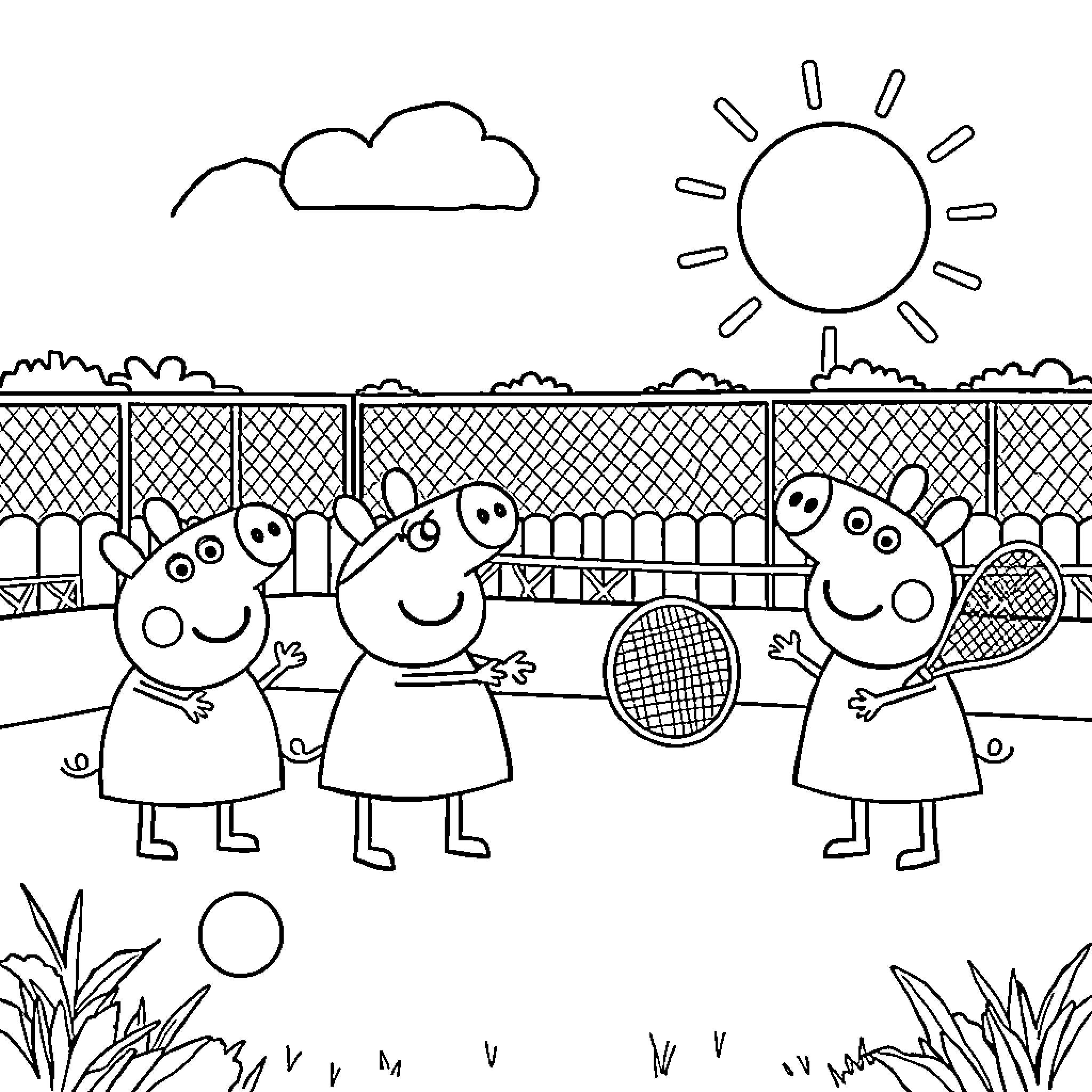 Peppa Pig and Friends Enjoy Tennis Court Fun Coloring Page (free black-and-white line drawing printable PDF for all, from beginners to advanced learners, including children, teens, adults, and seniors)
