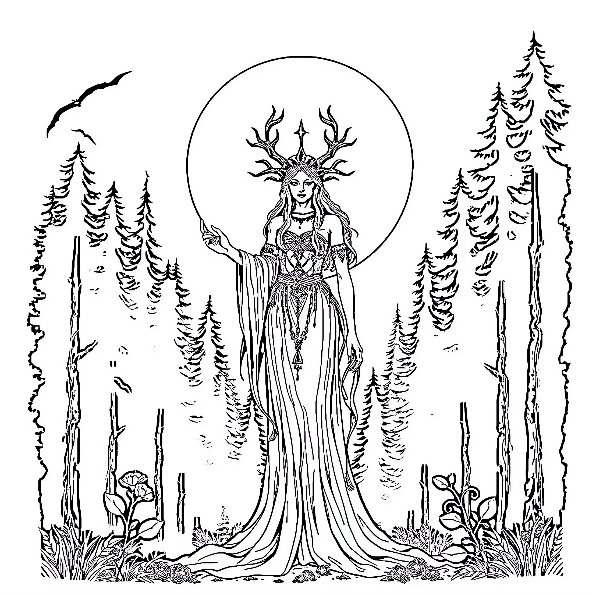 Hecate, Goddess of Witchcraft, in Mystical Forest Landscape Coloring Page (free black-and-white line drawing printable PDF for all, from beginners to advanced learners, including children, teens, adults, and seniors)