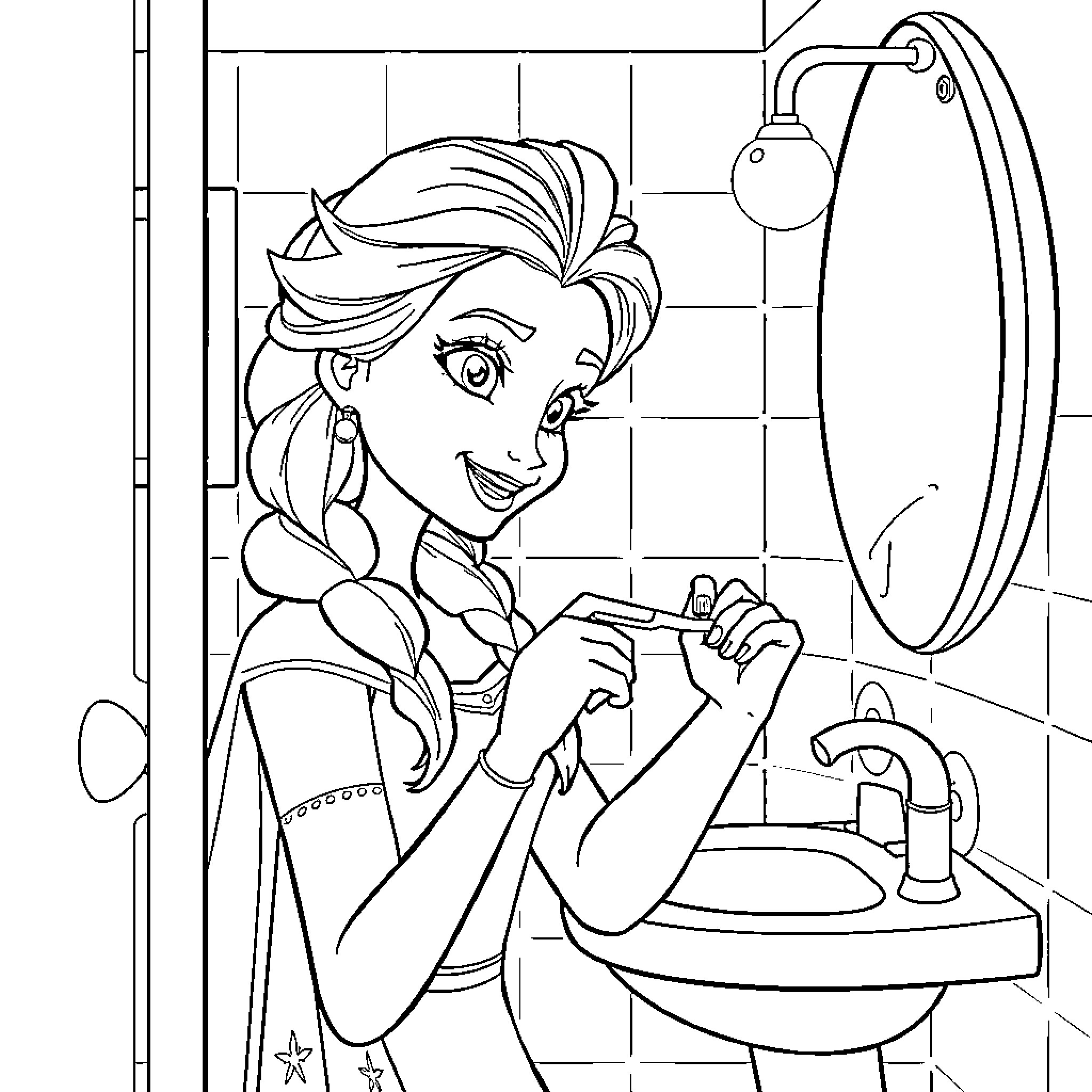 Frozen character brushing teeth in bathroom Coloring Page (free black-and-white line drawing printable PDF for all, from beginners to advanced learners, including children, teens, adults, and seniors)