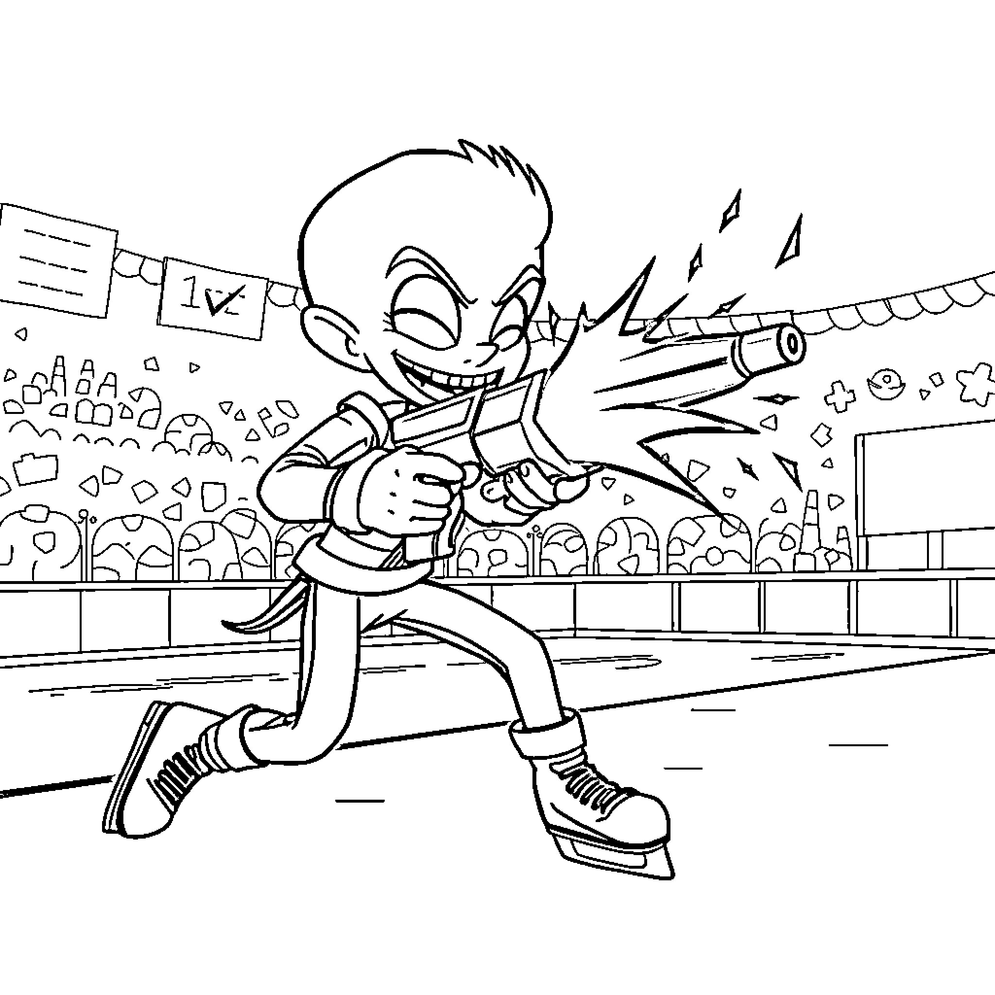 Megamind running on the stadium track Coloring Page (free black-and-white line drawing printable PDF for all, from beginners to advanced learners, including children, teens, adults, and seniors)