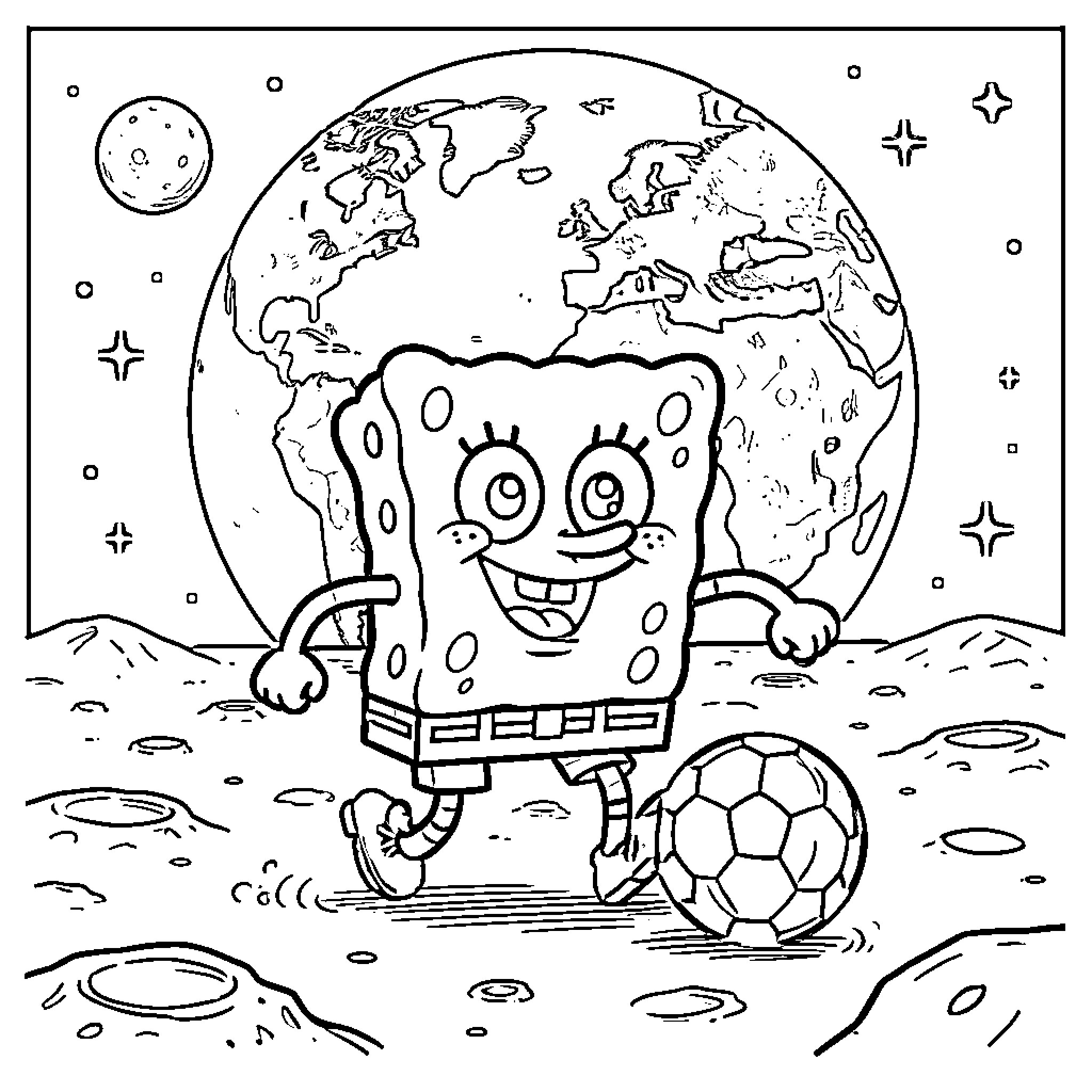 Spongebob playing soccer on the moon Coloring Page (free black-and-white line drawing printable PDF for all, from beginners to advanced learners, including children, teens, adults, and seniors)