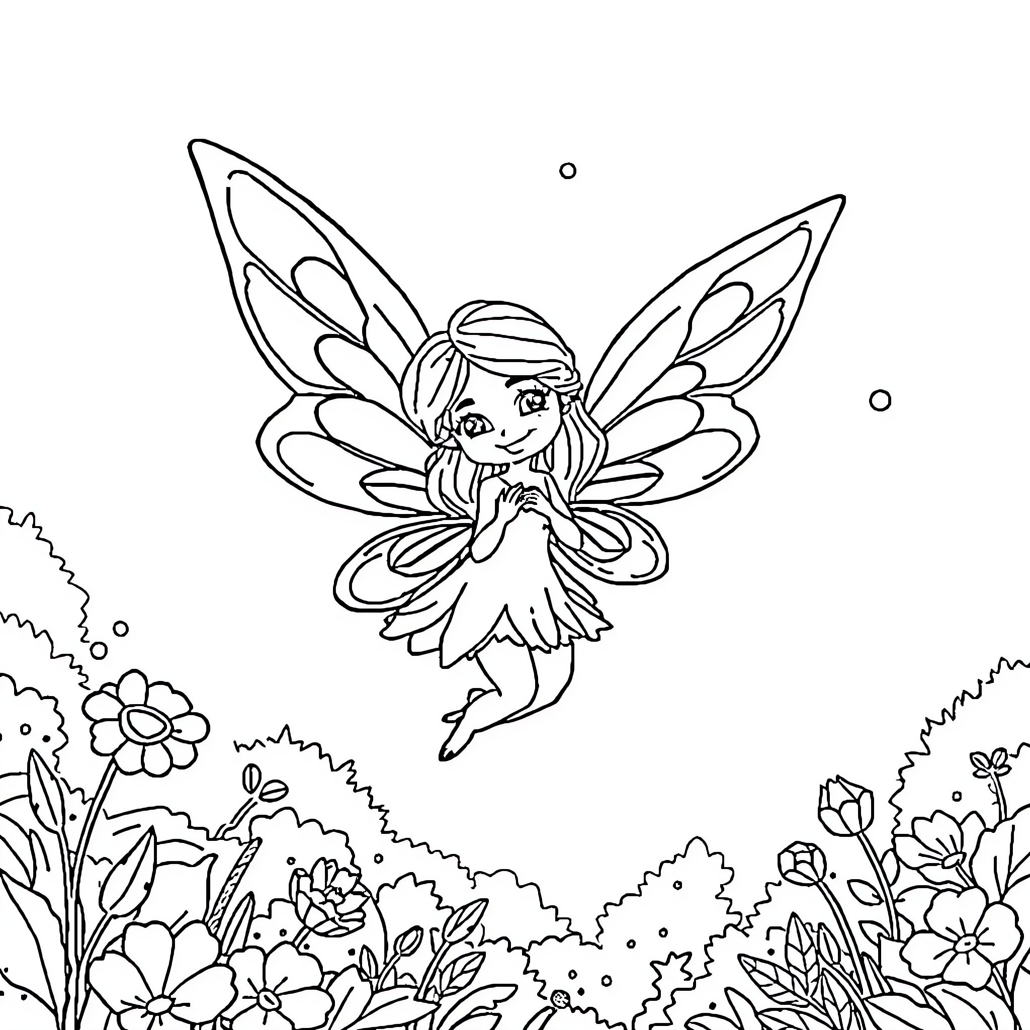 Fairy flying amidst whimsical floral garden Coloring Page (free black-and-white line drawing printable PDF for all, from beginners to advanced learners, including children, teens, adults, and seniors)