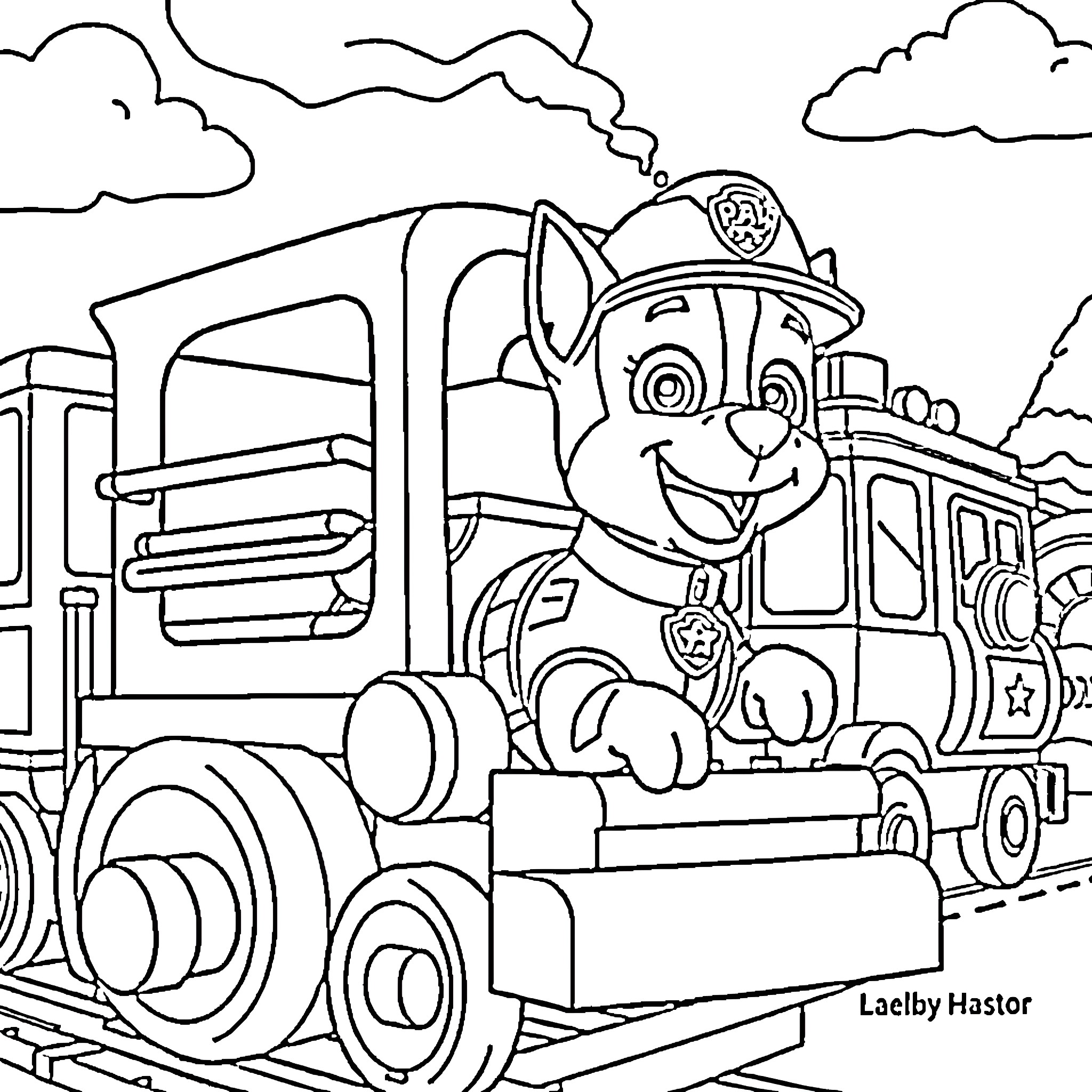 Marshall and his Firefighting Train Adventure Coloring Page (free black-and-white line drawing printable PDF for all, from beginners to advanced learners, including children, teens, adults, and seniors)