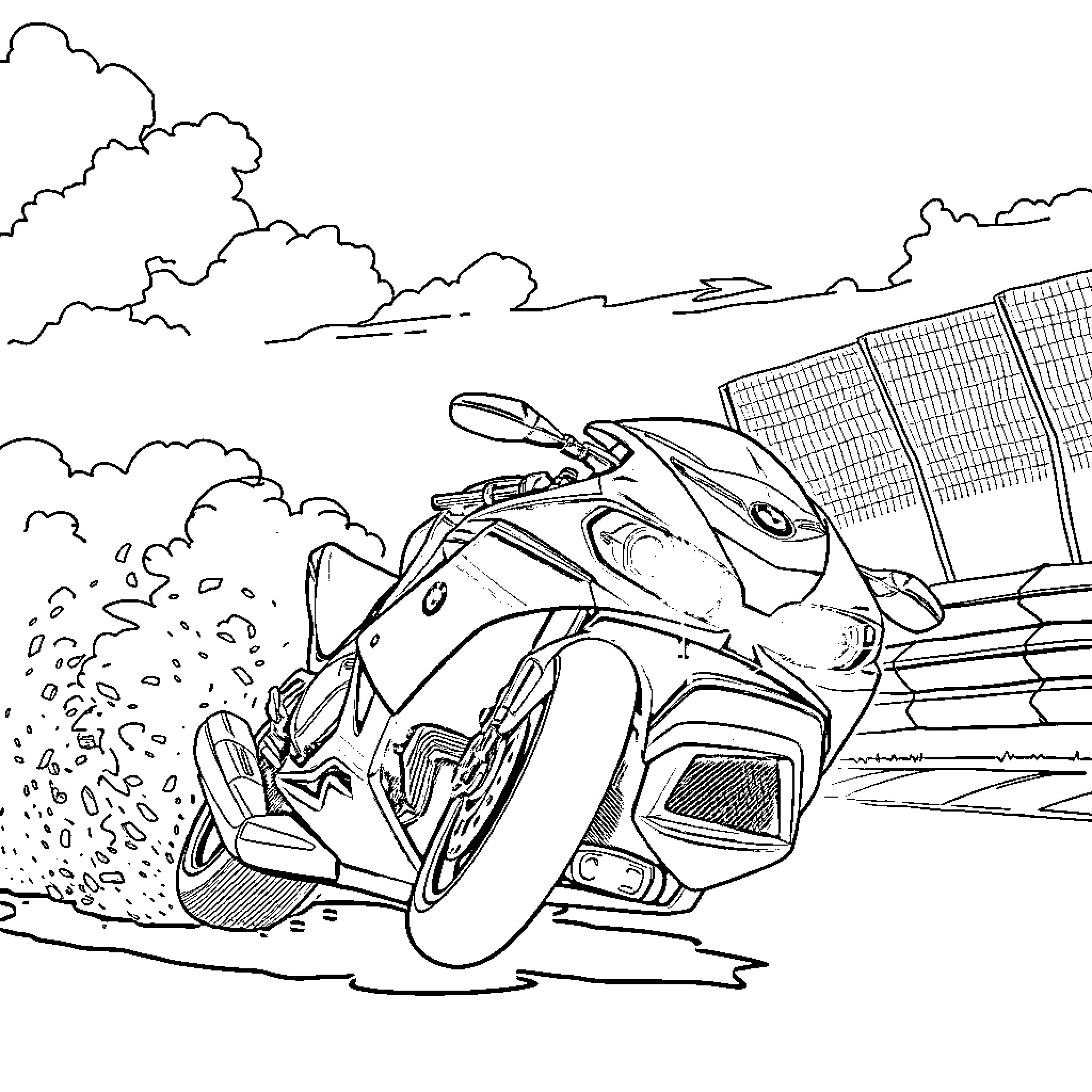 BMW motorcycle speeding through the landscape Coloring Page (free black-and-white line drawing printable PDF for all, from beginners to advanced learners, including children, teens, adults, and seniors)