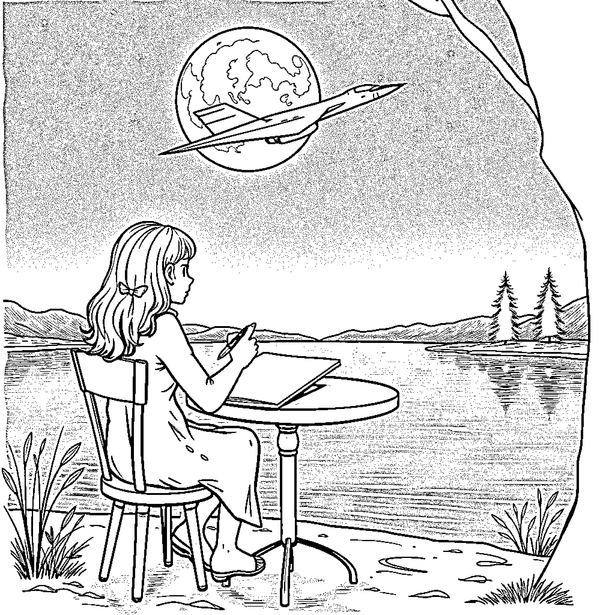 Aescylus dreaming of the cosmos while writing by the lake Coloring Page (free black-and-white line drawing printable PDF for all, from beginners to advanced learners, including children, teens, adults, and seniors)