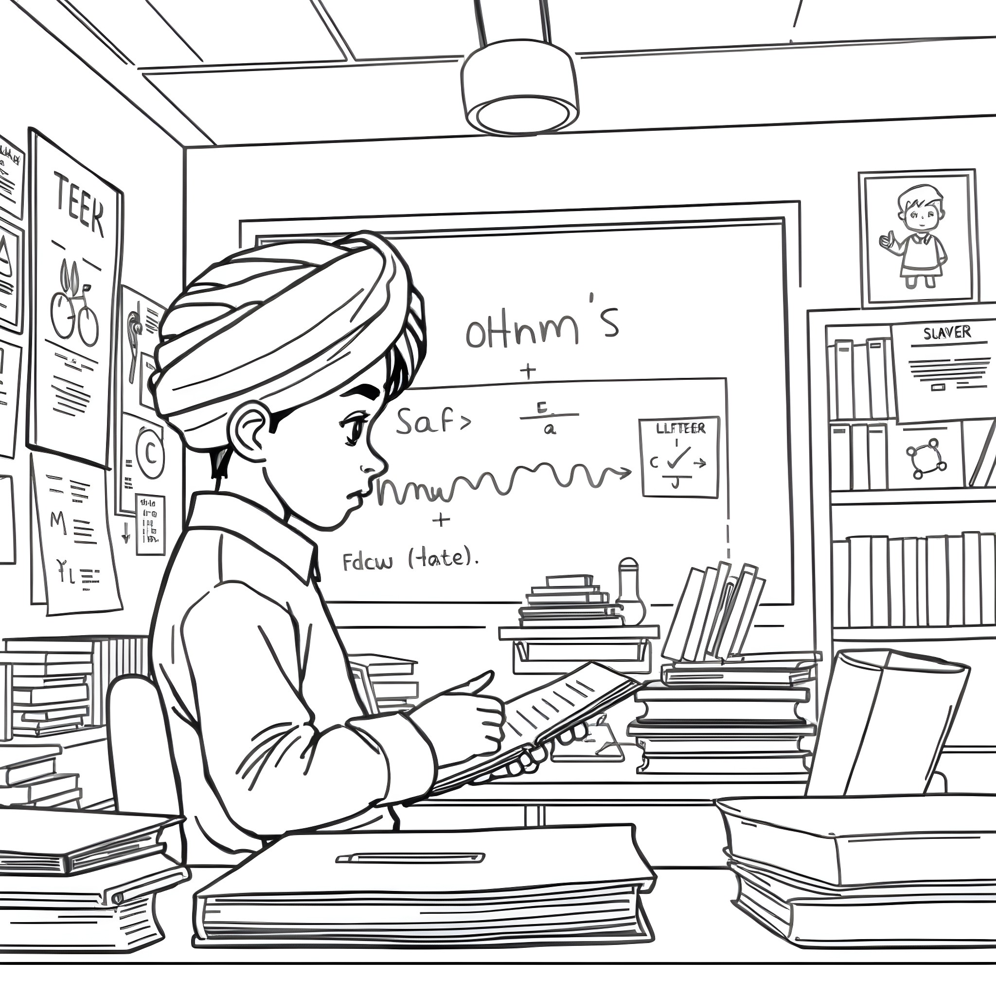 Boy working diligently in the classroom Coloring Page (free black-and-white line drawing printable PDF for all, from beginners to advanced learners, including children, teens, adults, and seniors)