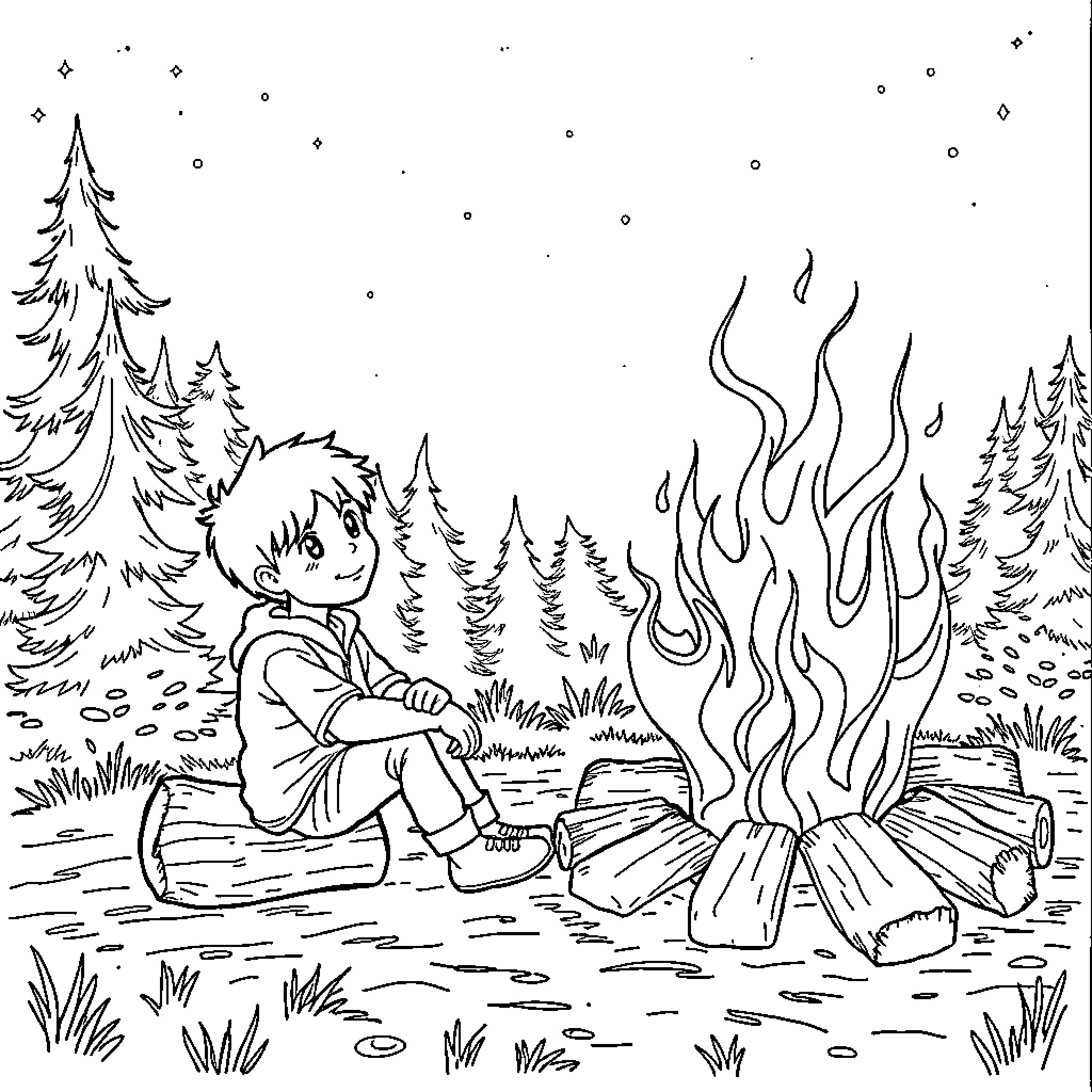 Boy sitting by a campfire in the forest Coloring Page (free black-and-white line drawing printable PDF for all, from beginners to advanced learners, including children, teens, adults, and seniors)