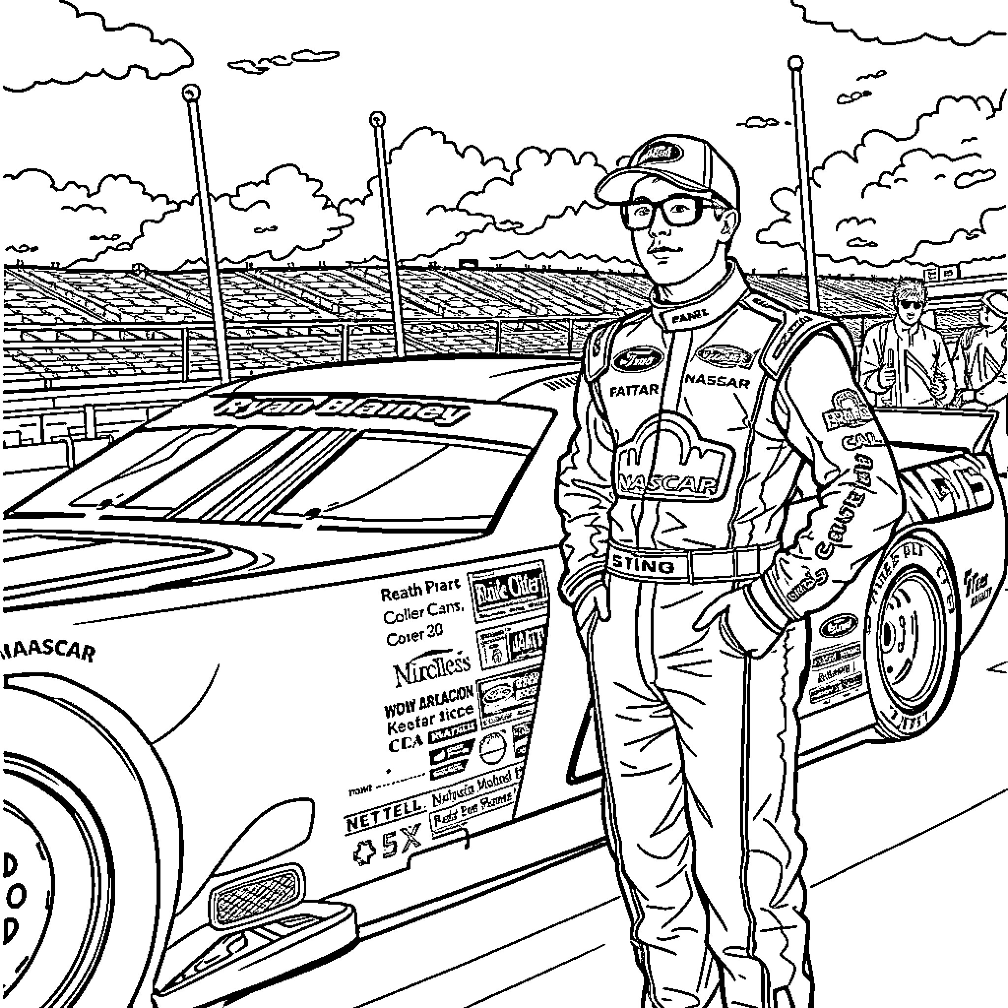 Ryan Blaney standing by his race car in the stadium Coloring Page (free black-and-white line drawing printable PDF for all, from beginners to advanced learners, including children, teens, adults, and seniors)
