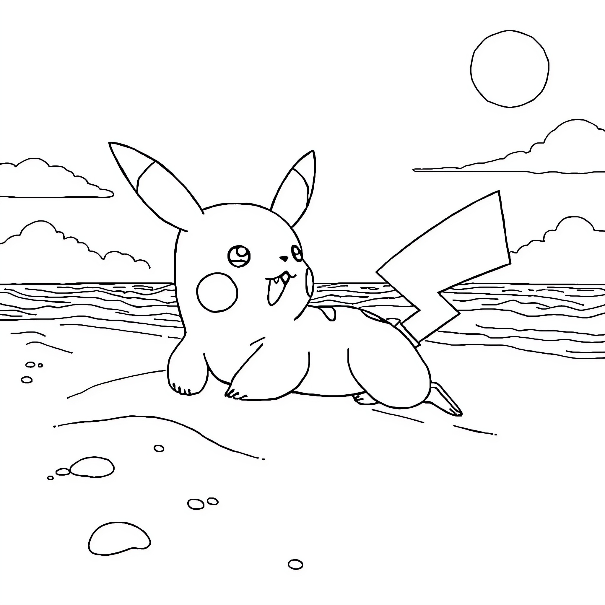 Pikachu enjoying the beach scenery Coloring Page (free black-and-white line drawing printable PDF for all, from beginners to advanced learners, including children, teens, adults, and seniors)