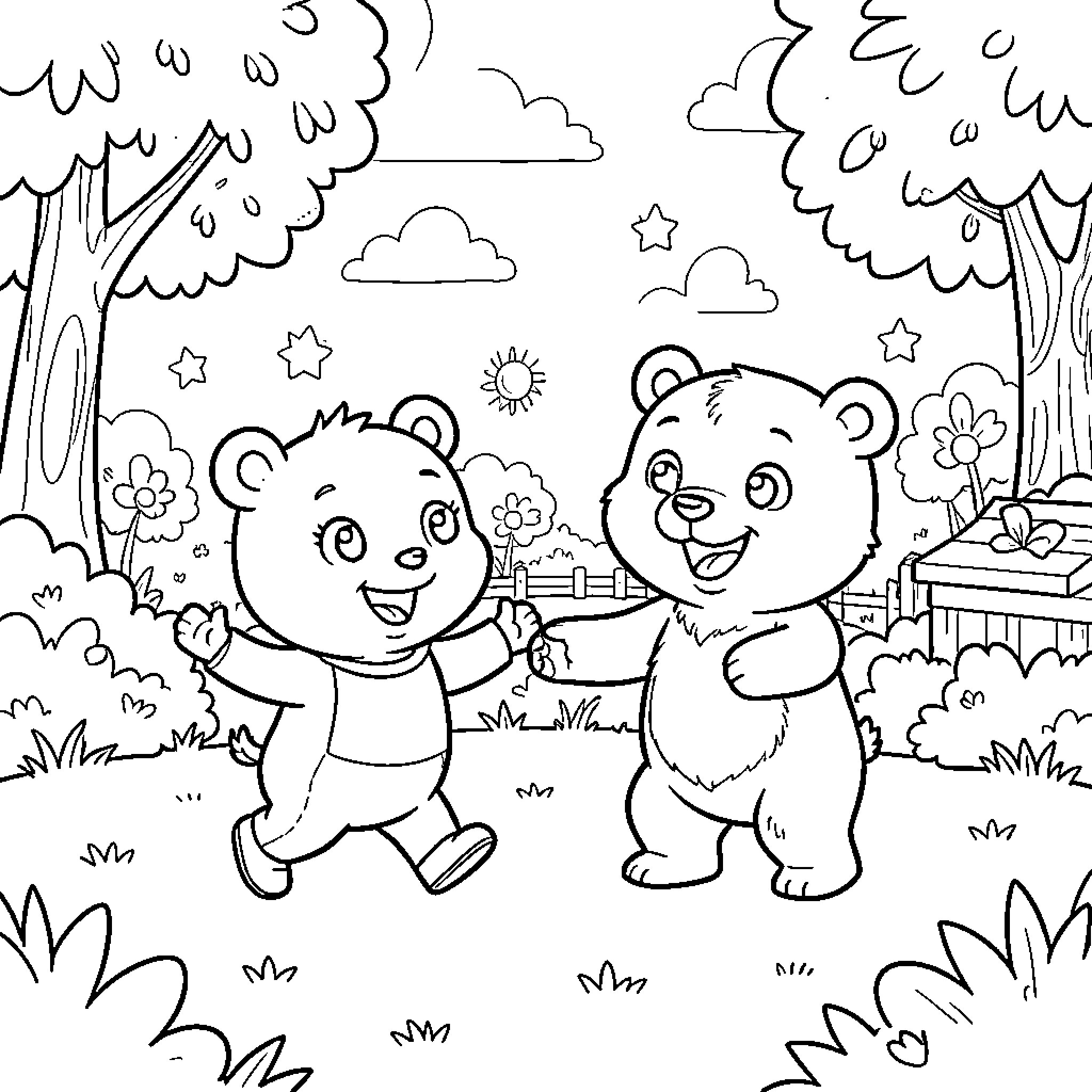 Tchoupi bears playing joyfully in a sunny garden Coloring Page (free black-and-white line drawing printable PDF for all, from beginners to advanced learners, including children, teens, adults, and seniors)