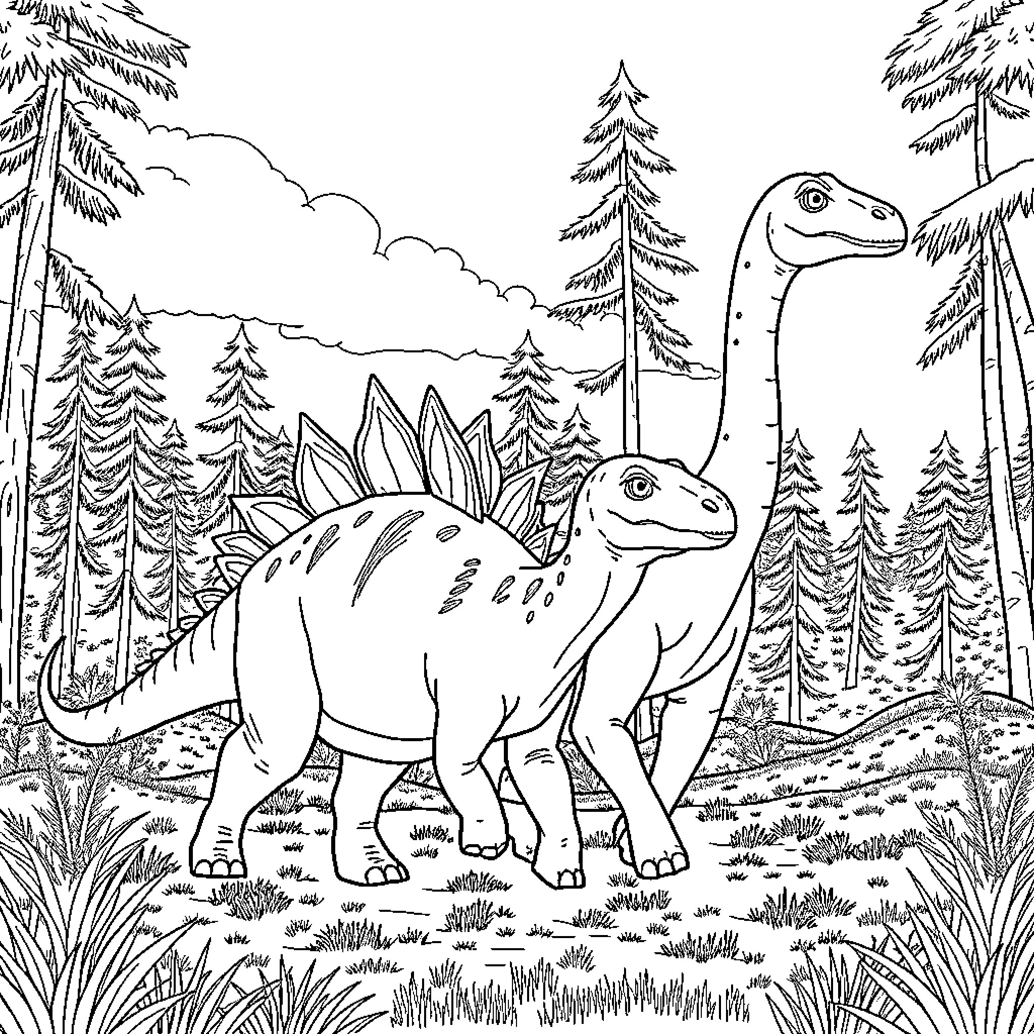 Dinosaurs roaming through the prehistoric forest Coloring Page (free black-and-white line drawing printable PDF for all, from beginners to advanced learners, including children, teens, adults, and seniors)
