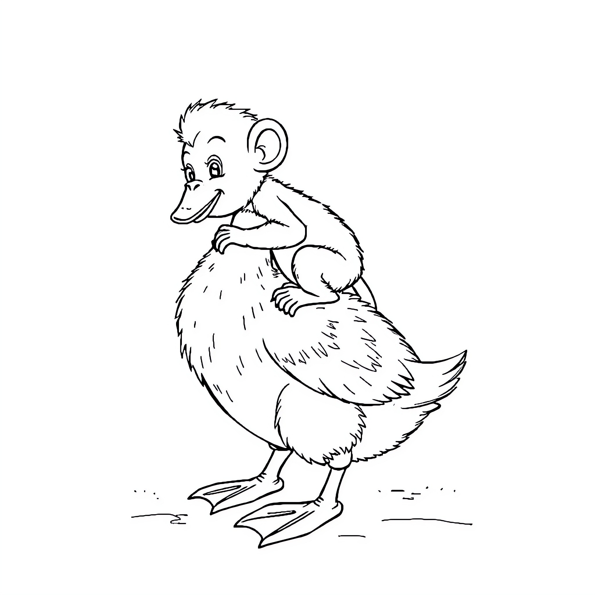 Monkey sitting on a bird Coloring Page (free black-and-white line drawing printable PDF for all, from beginners to advanced learners, including children, teens, adults, and seniors)