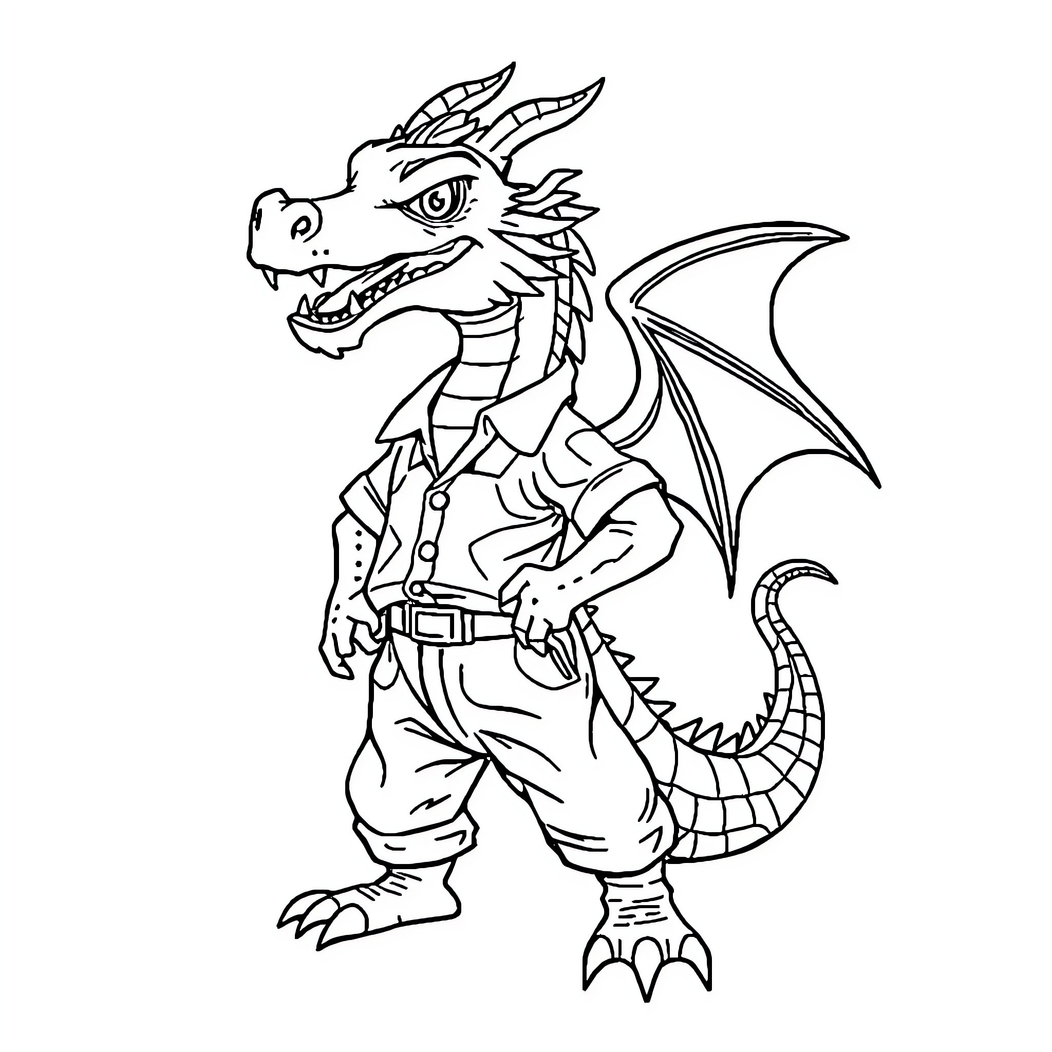 Dragon in Dapper Outfit with Attitude Coloring Page (free black-and-white line drawing printable PDF for all, from beginners to advanced learners, including children, teens, adults, and seniors)