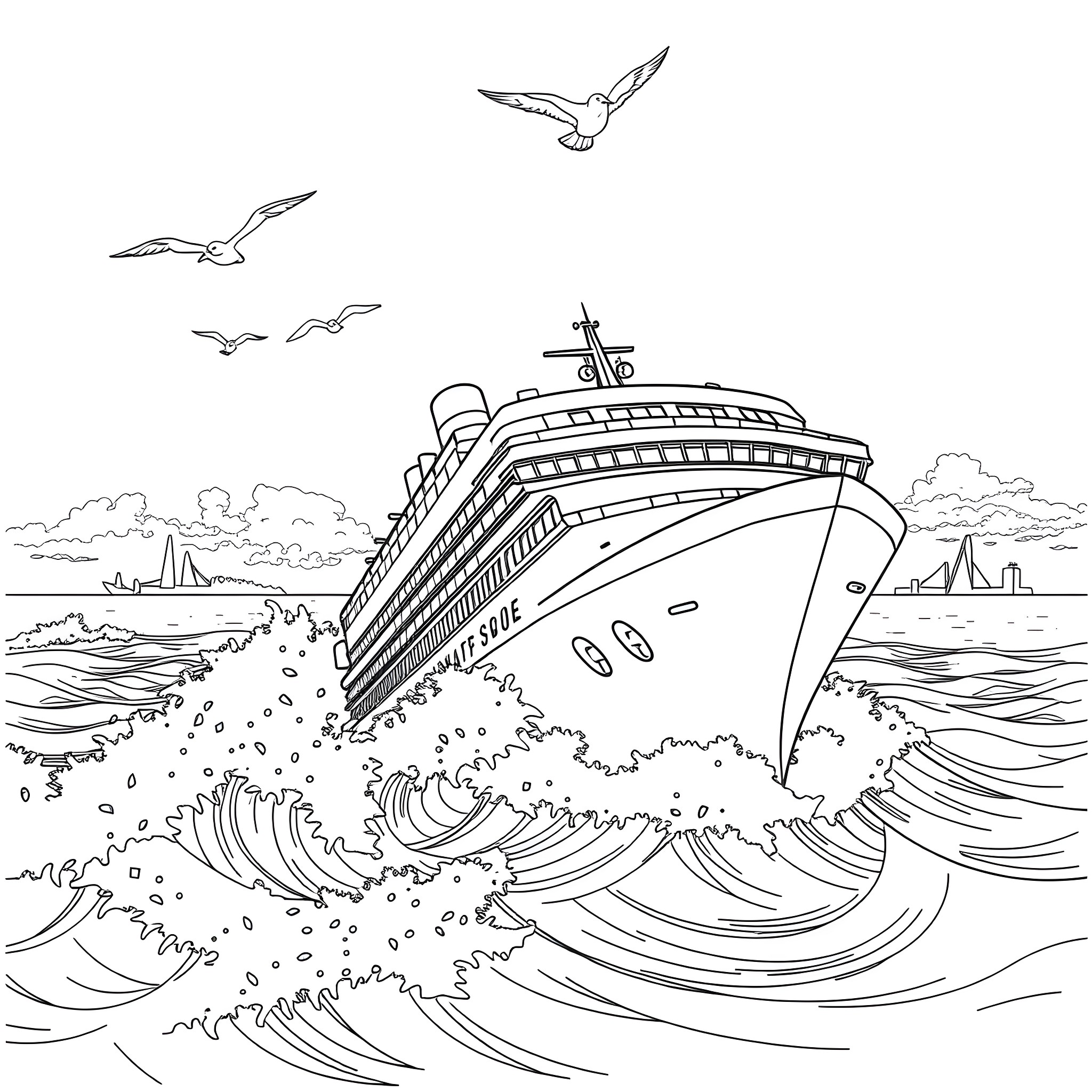 Bateau sailing peacefully across the open waters Coloring Page (free black-and-white line drawing printable PDF for all, from beginners to advanced learners, including children, teens, adults, and seniors)