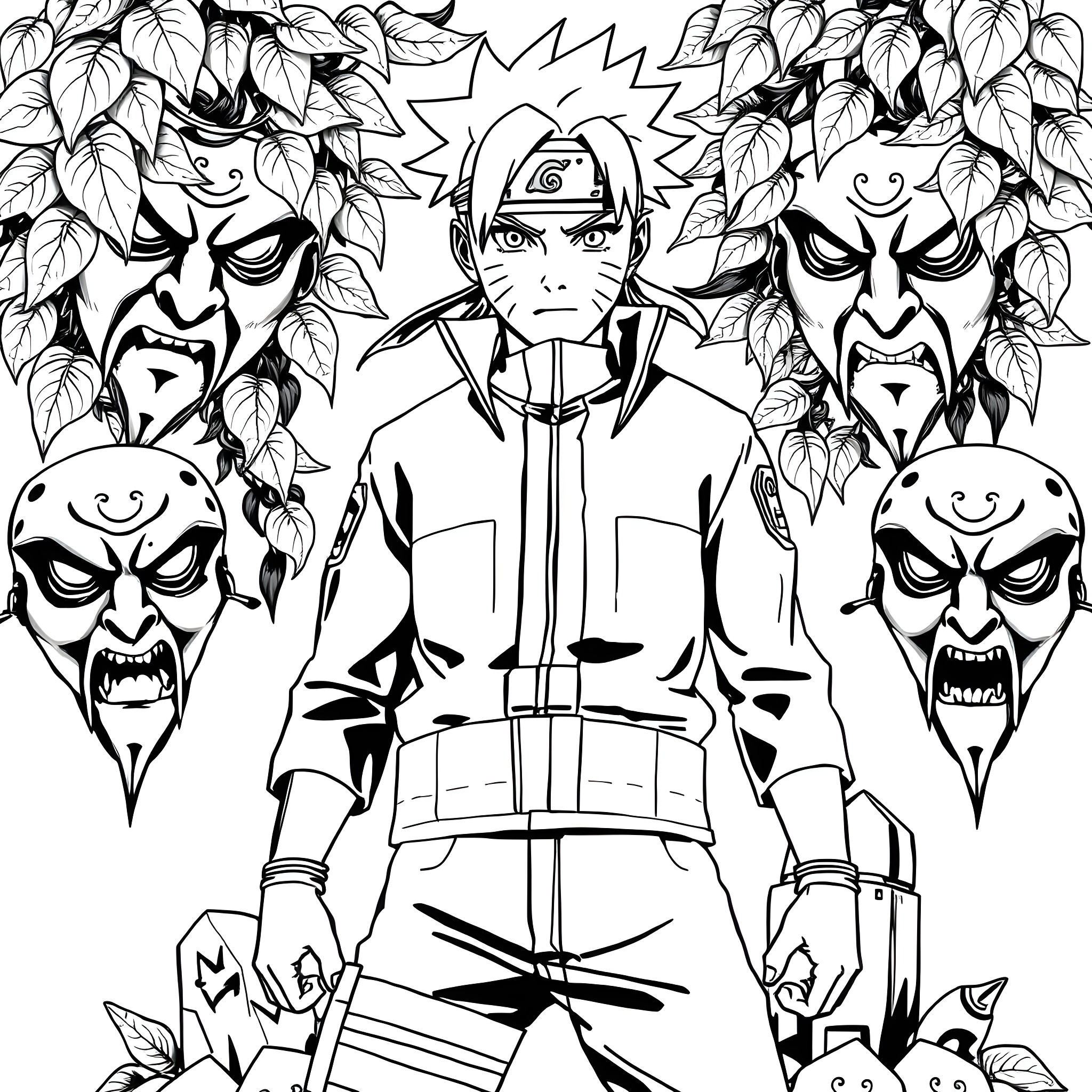 Naruto and his ninja comrades in action Coloring Page (free black-and-white line drawing printable PDF for all, from beginners to advanced learners, including children, teens, adults, and seniors)