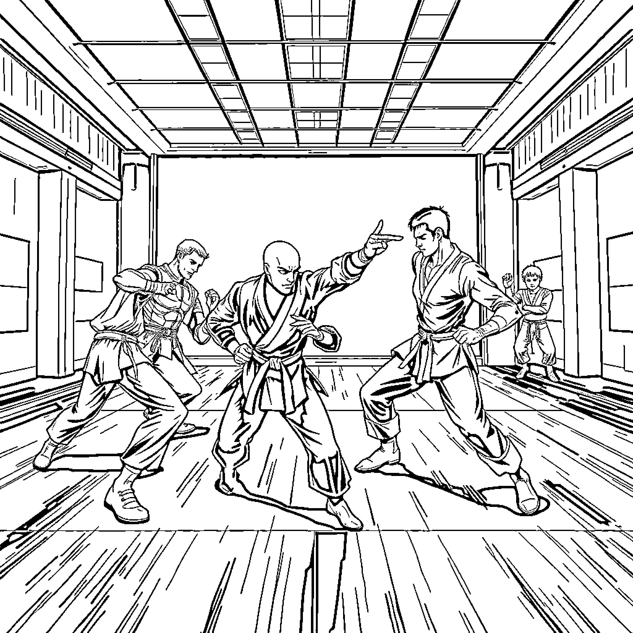 Superhero Martial Arts Battle in Dojo Coloring Page (free black-and-white line drawing printable PDF for all, from beginners to advanced learners, including children, teens, adults, and seniors)