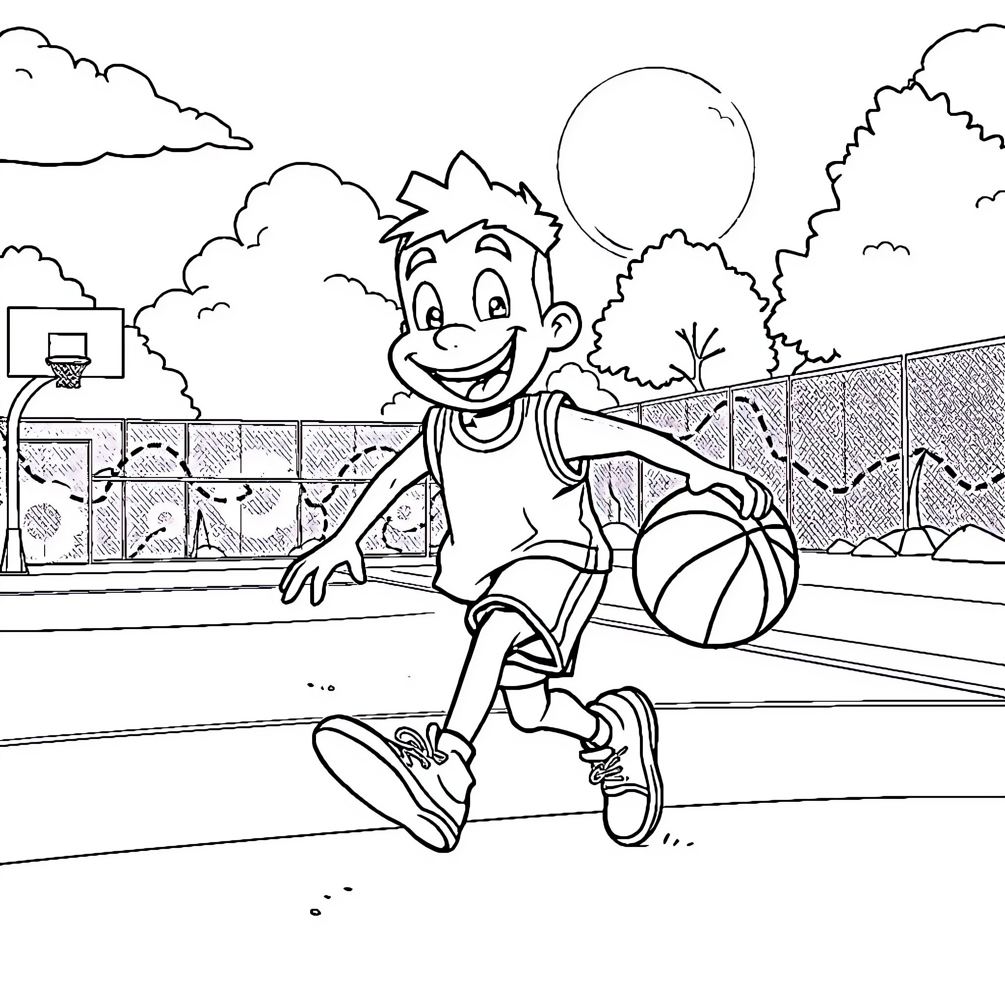 Bluey playing basketball joyfully on the court Coloring Page (free black-and-white line drawing printable PDF for all, from beginners to advanced learners, including children, teens, adults, and seniors)