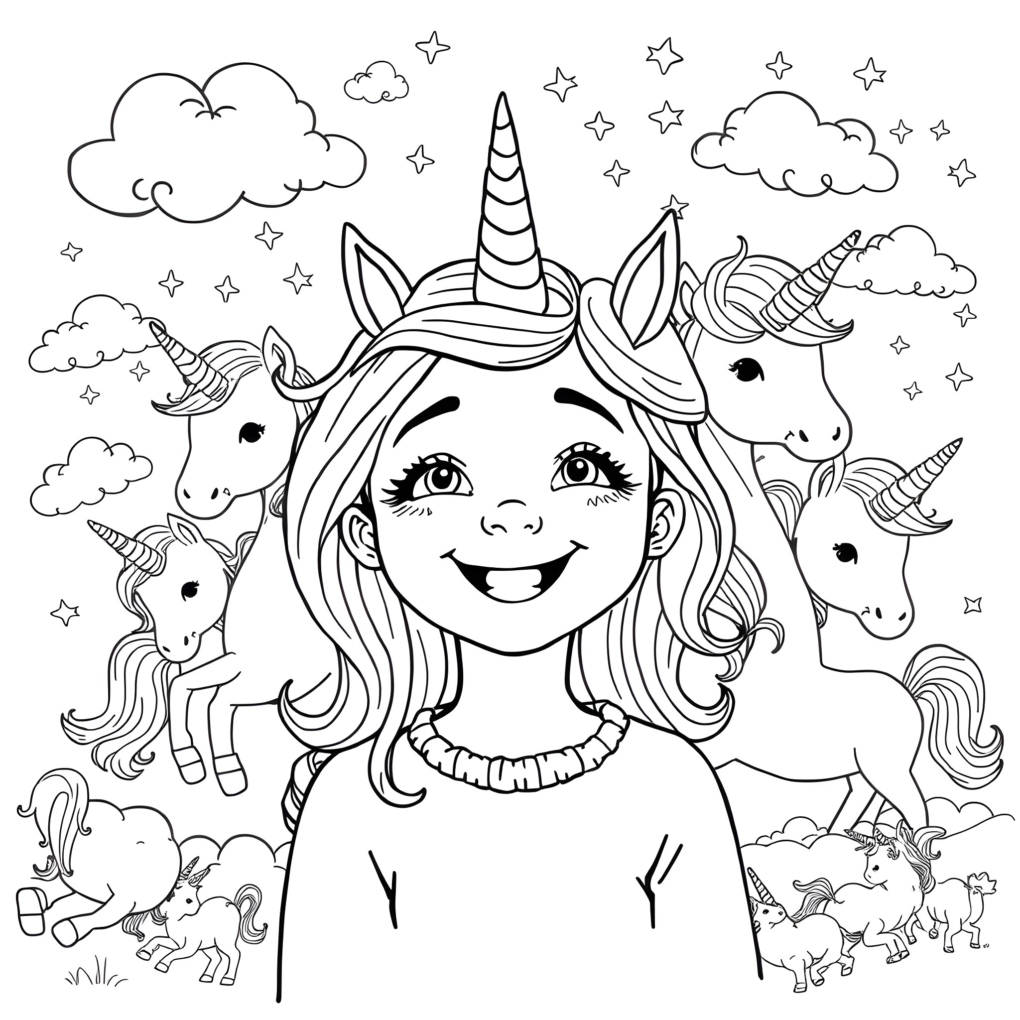 Girl surrounded by magical unicorns and stars Coloring Page (free black-and-white line drawing printable PDF for all, from beginners to advanced learners, including children, teens, adults, and seniors)