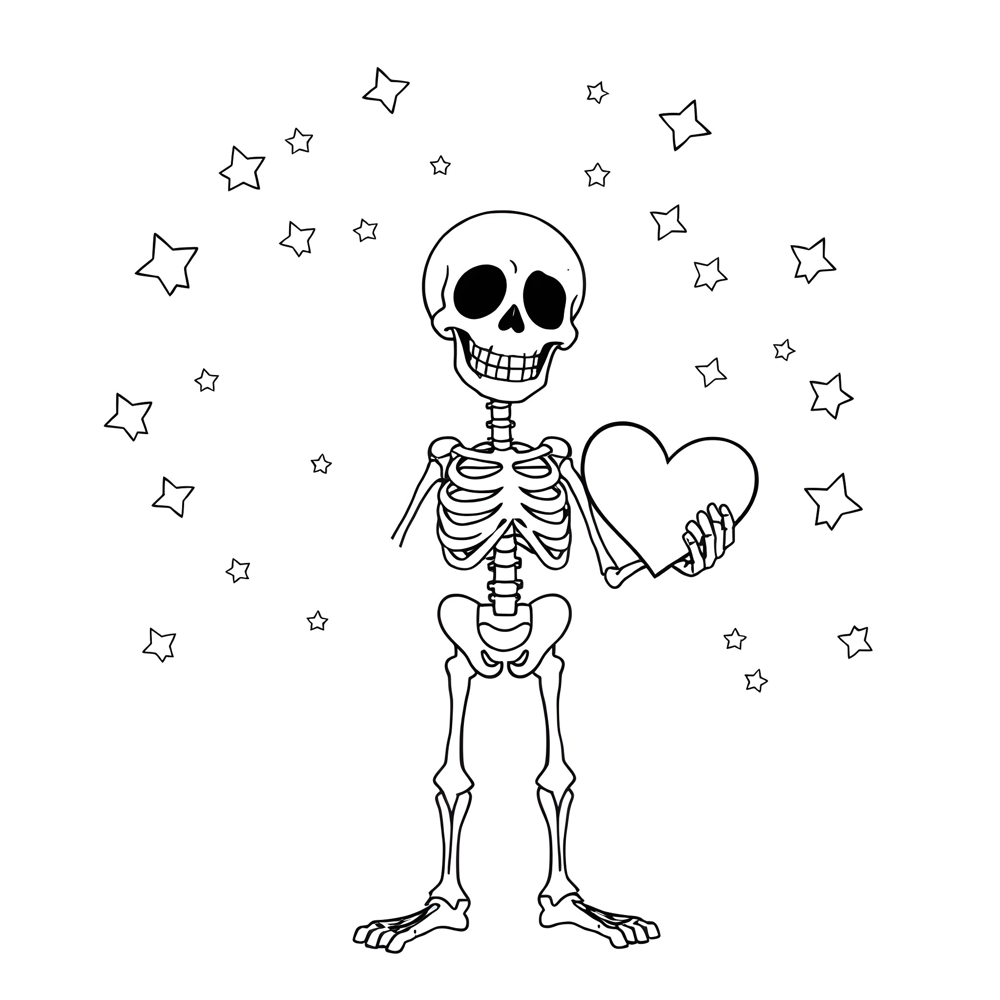 Sans Skeletal Figure Holding Heart Amidst Stars Coloring Page (free black-and-white line drawing printable PDF for all, from beginners to advanced learners, including children, teens, adults, and seniors)