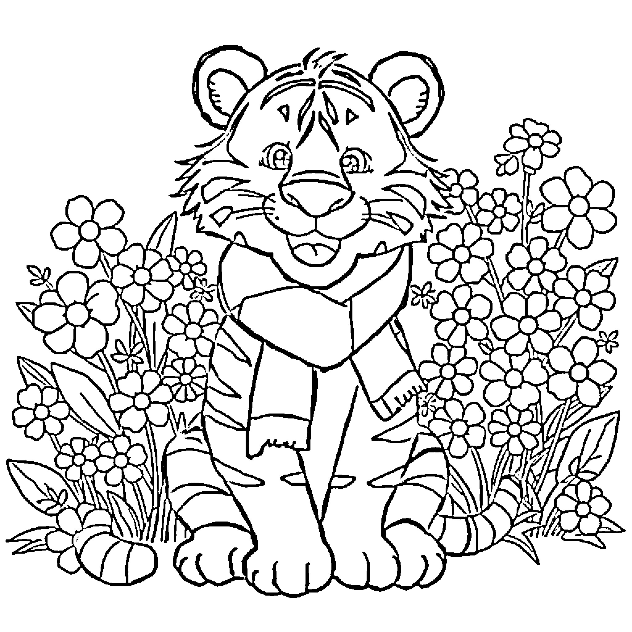 Tiger surrounded by cheerful flowers Coloring Page (free black-and-white line drawing printable PDF for all, from beginners to advanced learners, including children, teens, adults, and seniors)