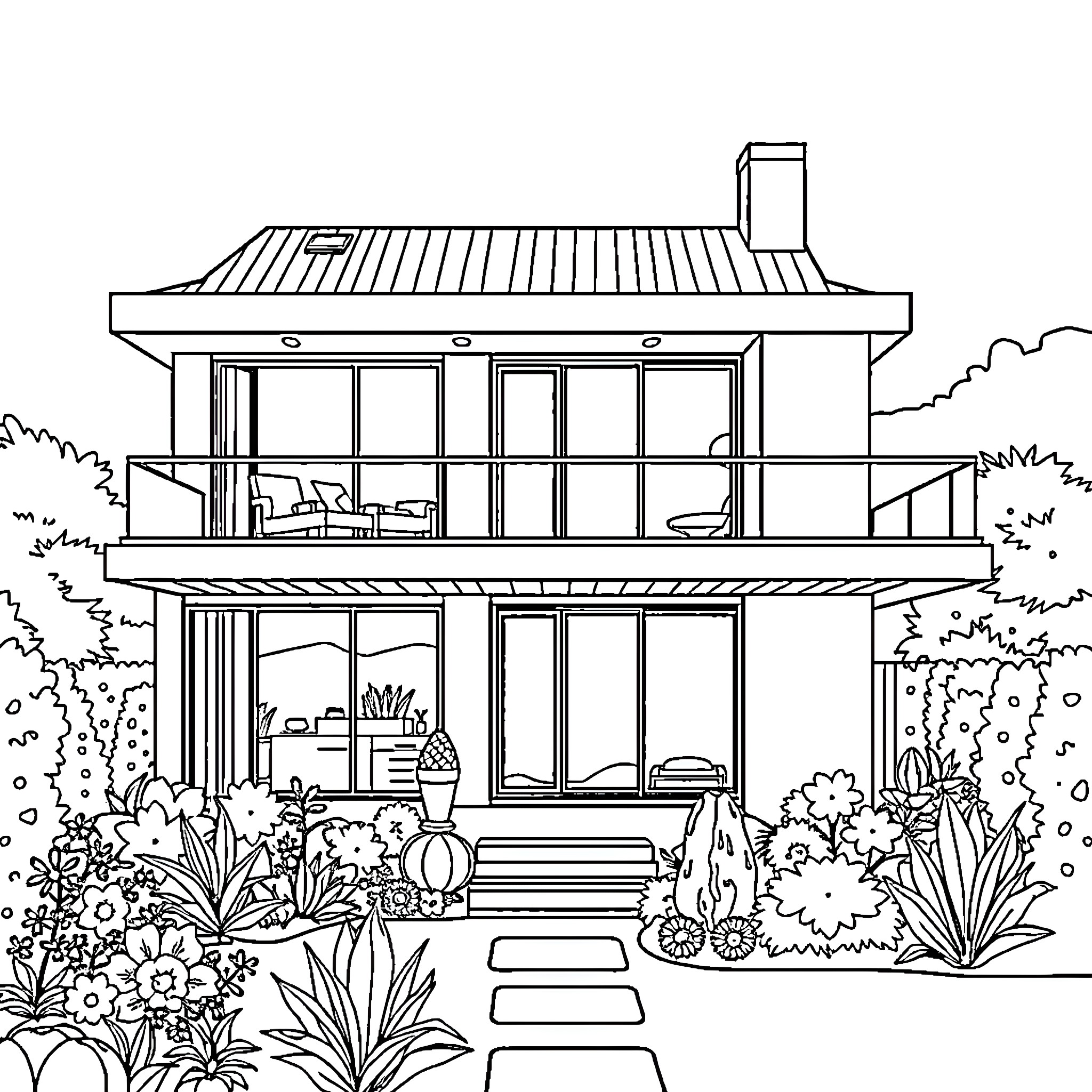 House surrounded by lush garden and plants Coloring Page (free black-and-white line drawing printable PDF for all, from beginners to advanced learners, including children, teens, adults, and seniors)