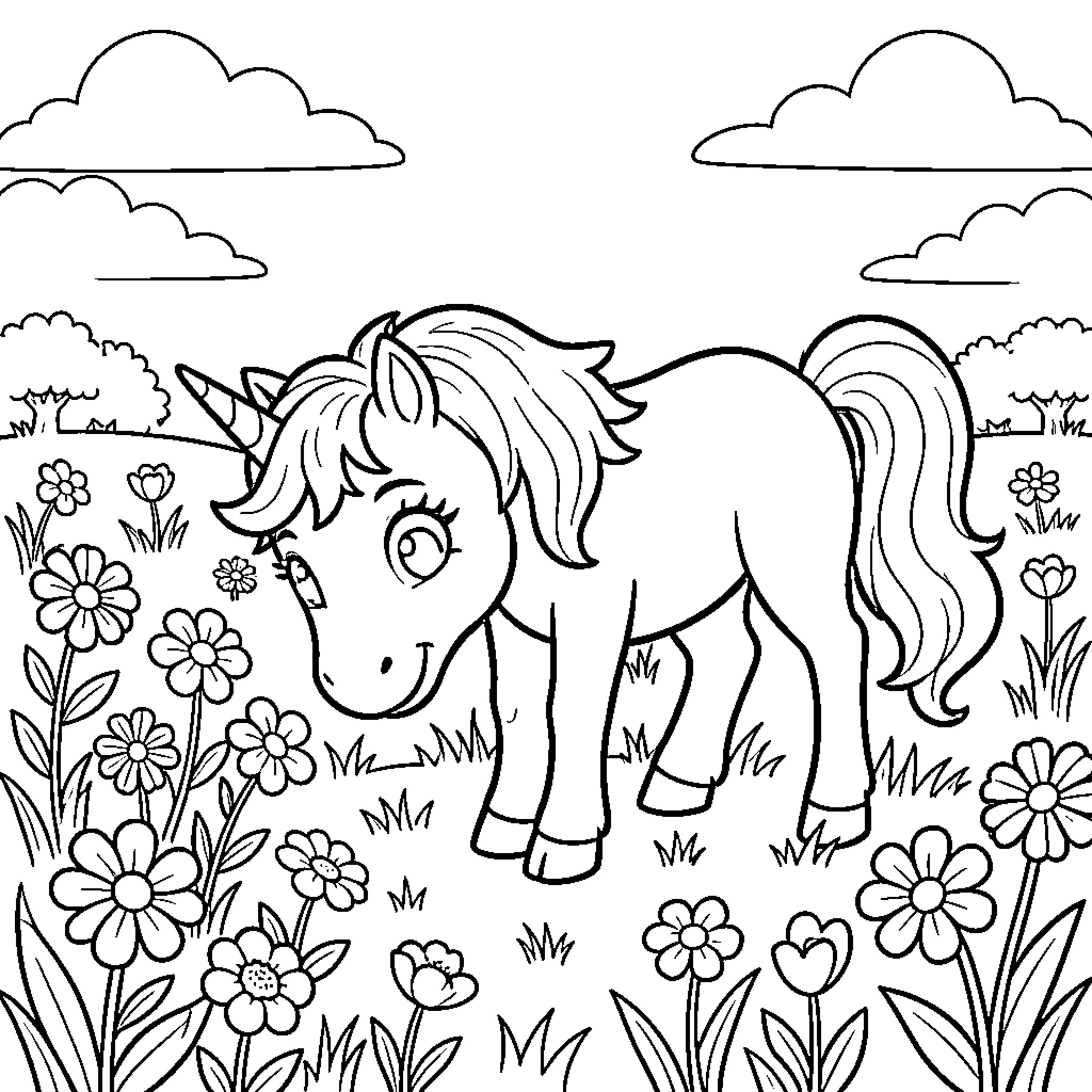 Unicorn smiling while standing in a flower meadow Coloring Page (free black-and-white line drawing printable PDF for all, from beginners to advanced learners, including children, teens, adults, and seniors)