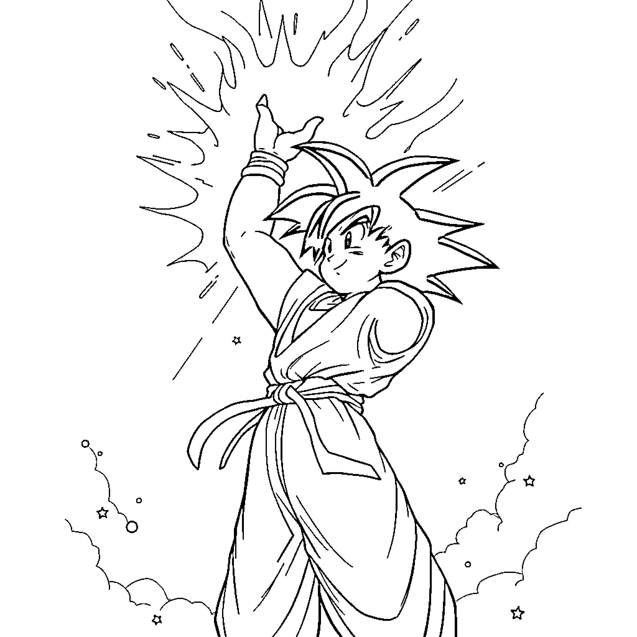 Goku's Powerful Stance in Heroic Outfit Coloring Page (free black-and-white line drawing printable PDF for all, from beginners to advanced learners, including children, teens, adults, and seniors)