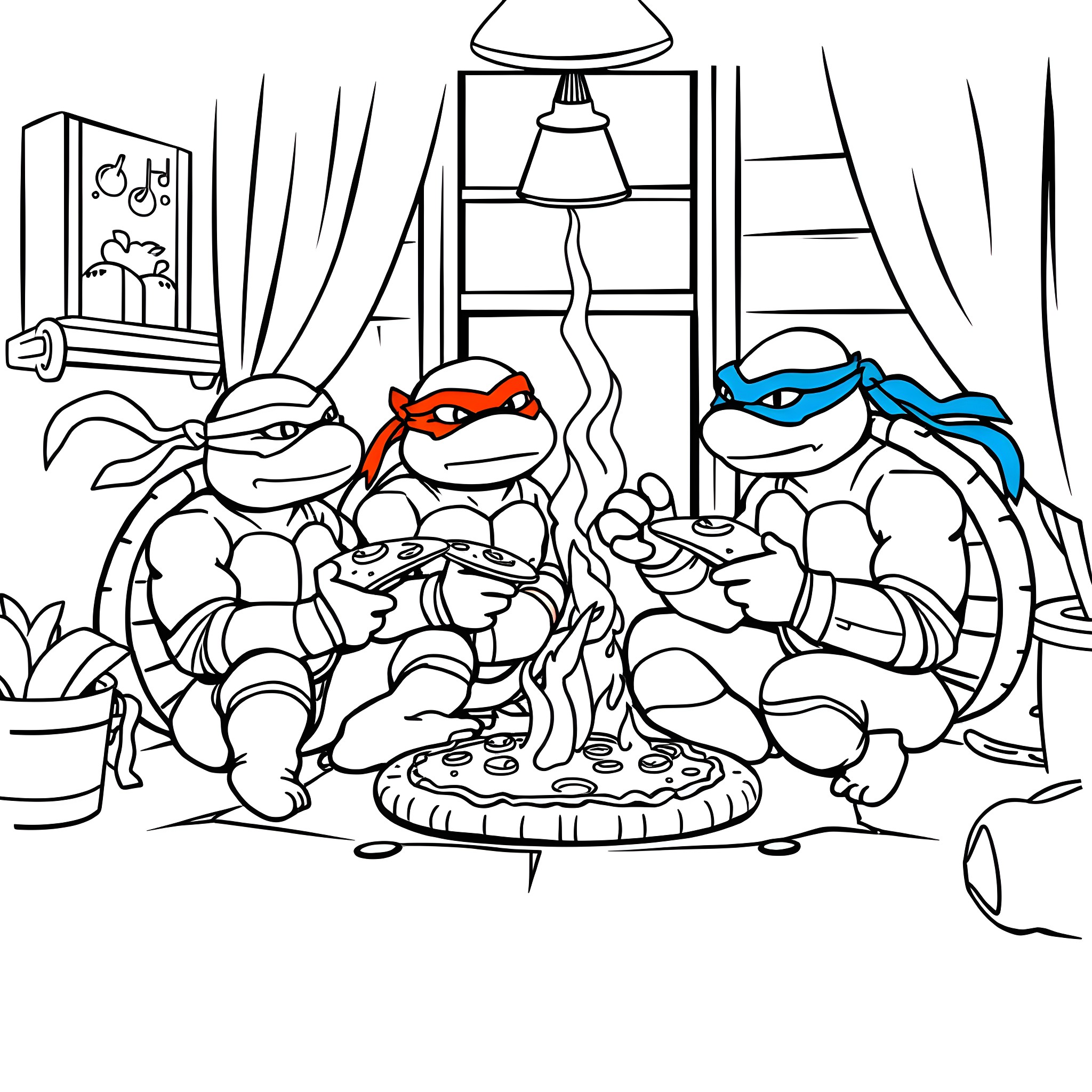 Ninja Turtles playing video games in their lair Coloring Page (free black-and-white line drawing printable PDF for all, from beginners to advanced learners, including children, teens, adults, and seniors)