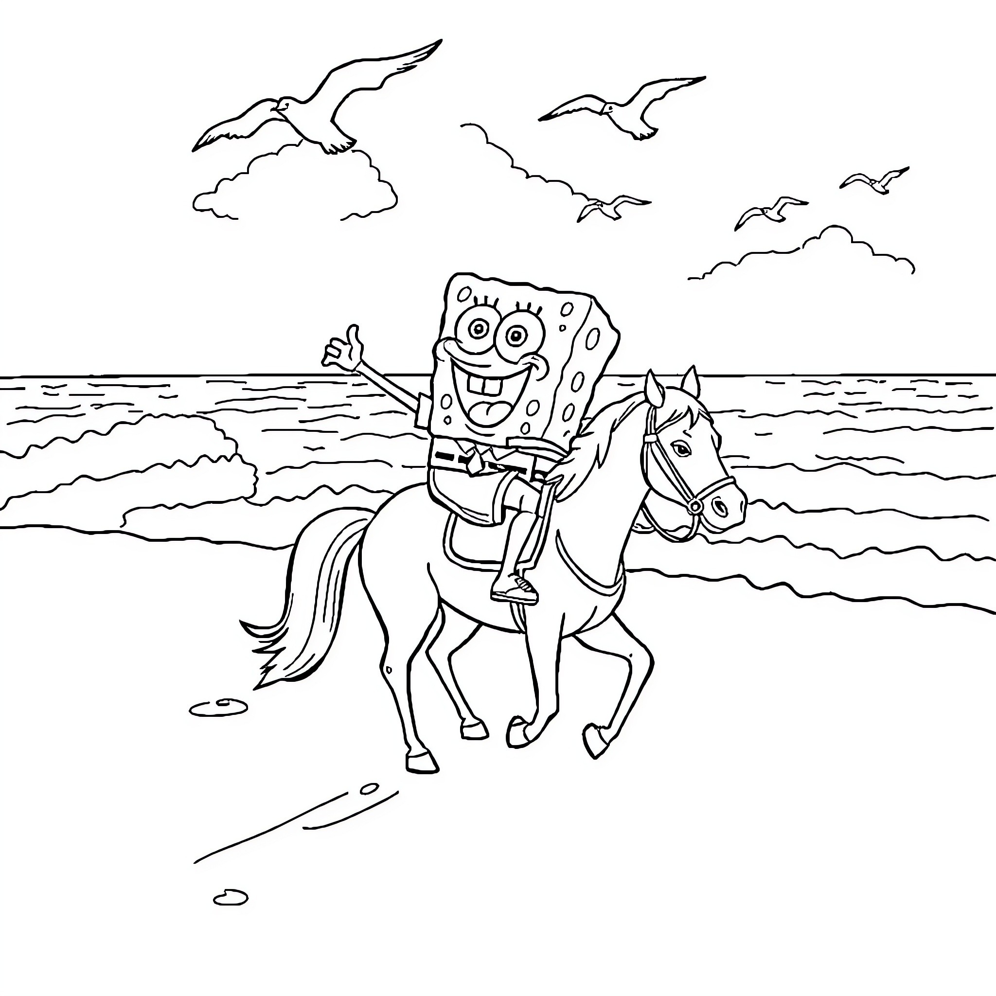 Spongebob's Seaside Adventure on Horseback Coloring Page (free black-and-white line drawing printable PDF for all, from beginners to advanced learners, including children, teens, adults, and seniors)