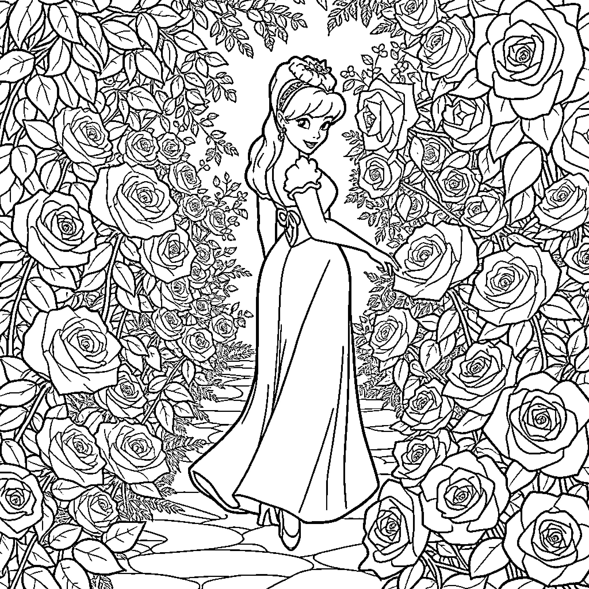 Cinderella surrounded by elegant roses and foliage Coloring Page (free black-and-white line drawing printable PDF for all, from beginners to advanced learners, including children, teens, adults, and seniors)