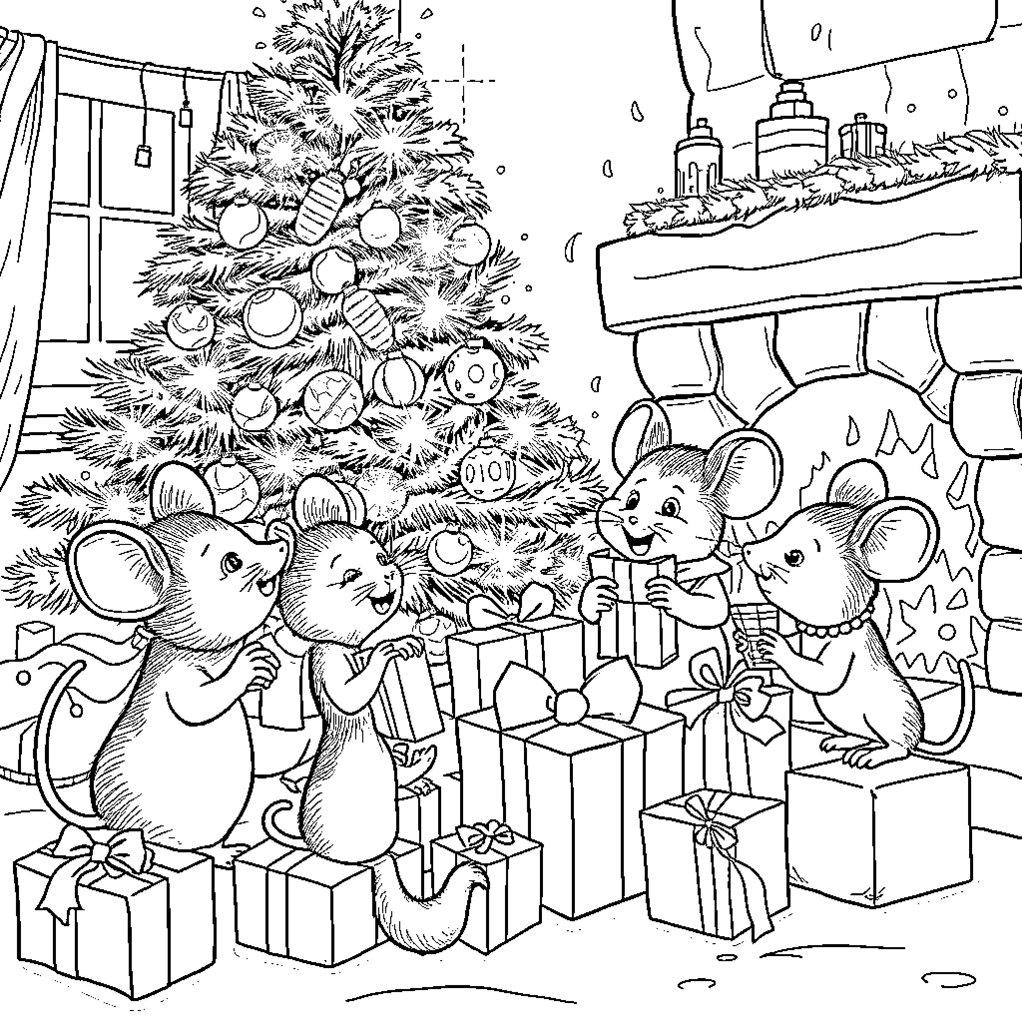 Mouse Family Celebrating Christmas Around the Tree Coloring Page (free black-and-white line drawing printable PDF for all, from beginners to advanced learners, including children, teens, adults, and seniors)