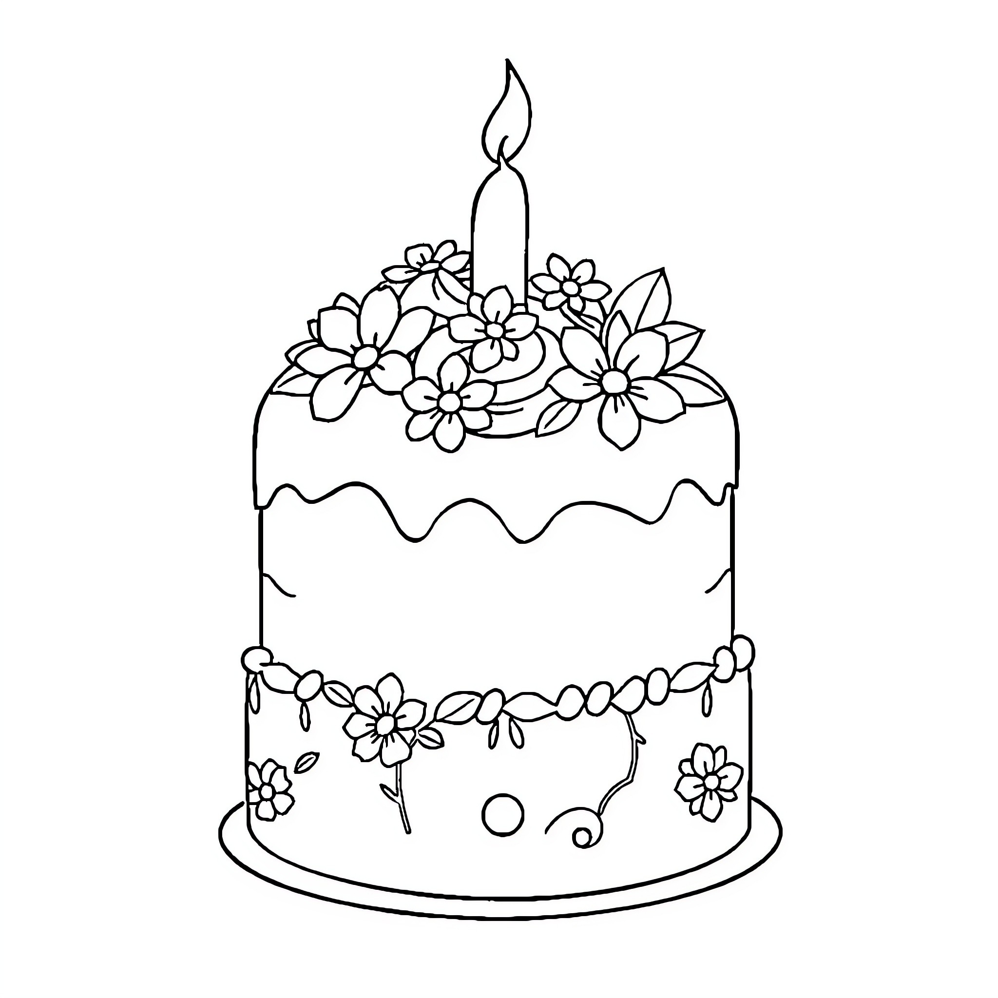 Cake decorated with flowers and a candle Coloring Page (free black-and-white line drawing printable PDF for all, from beginners to advanced learners, including children, teens, adults, and seniors)