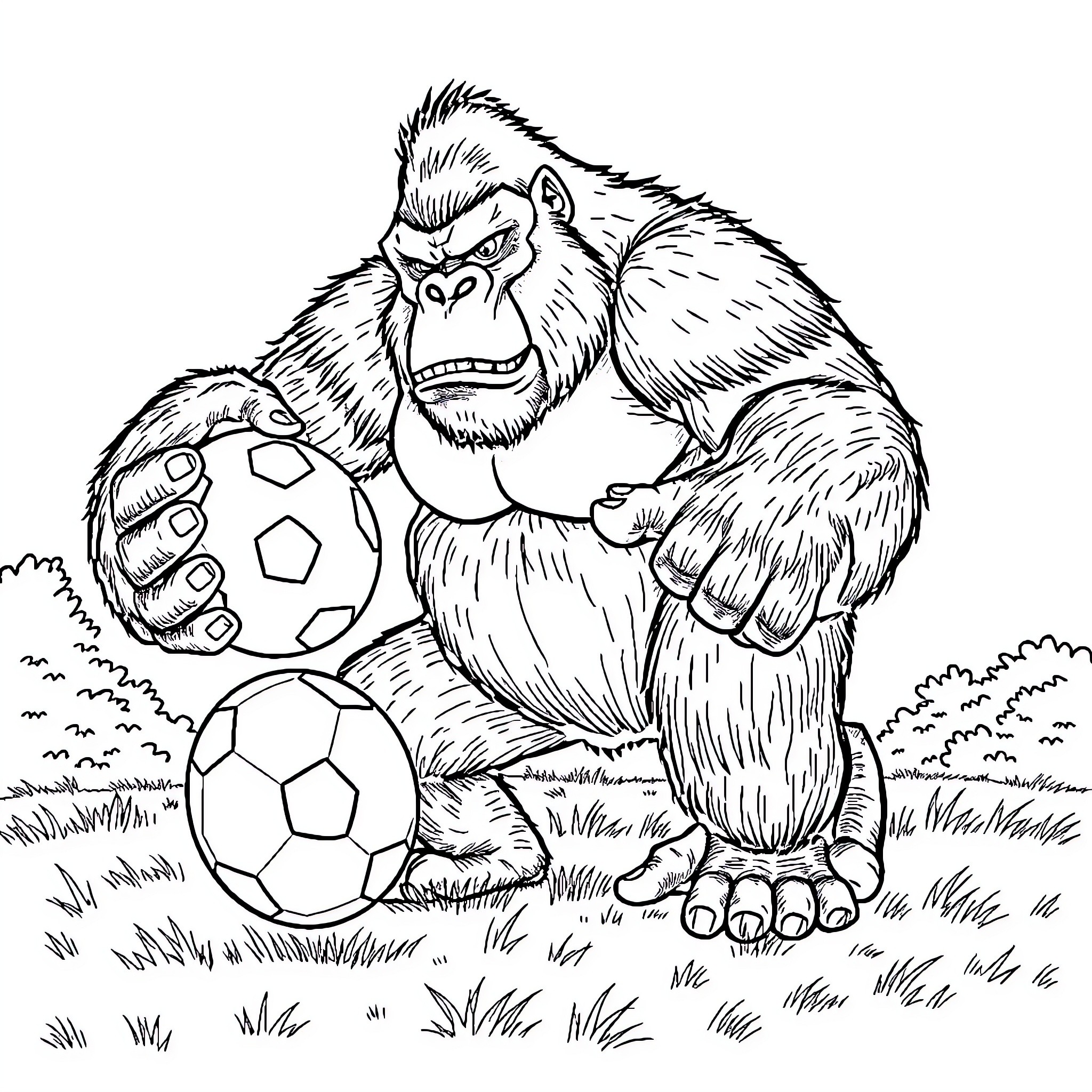 King Kong playing with soccer balls in the park Coloring Page (free black-and-white line drawing printable PDF for all, from beginners to advanced learners, including children, teens, adults, and seniors)