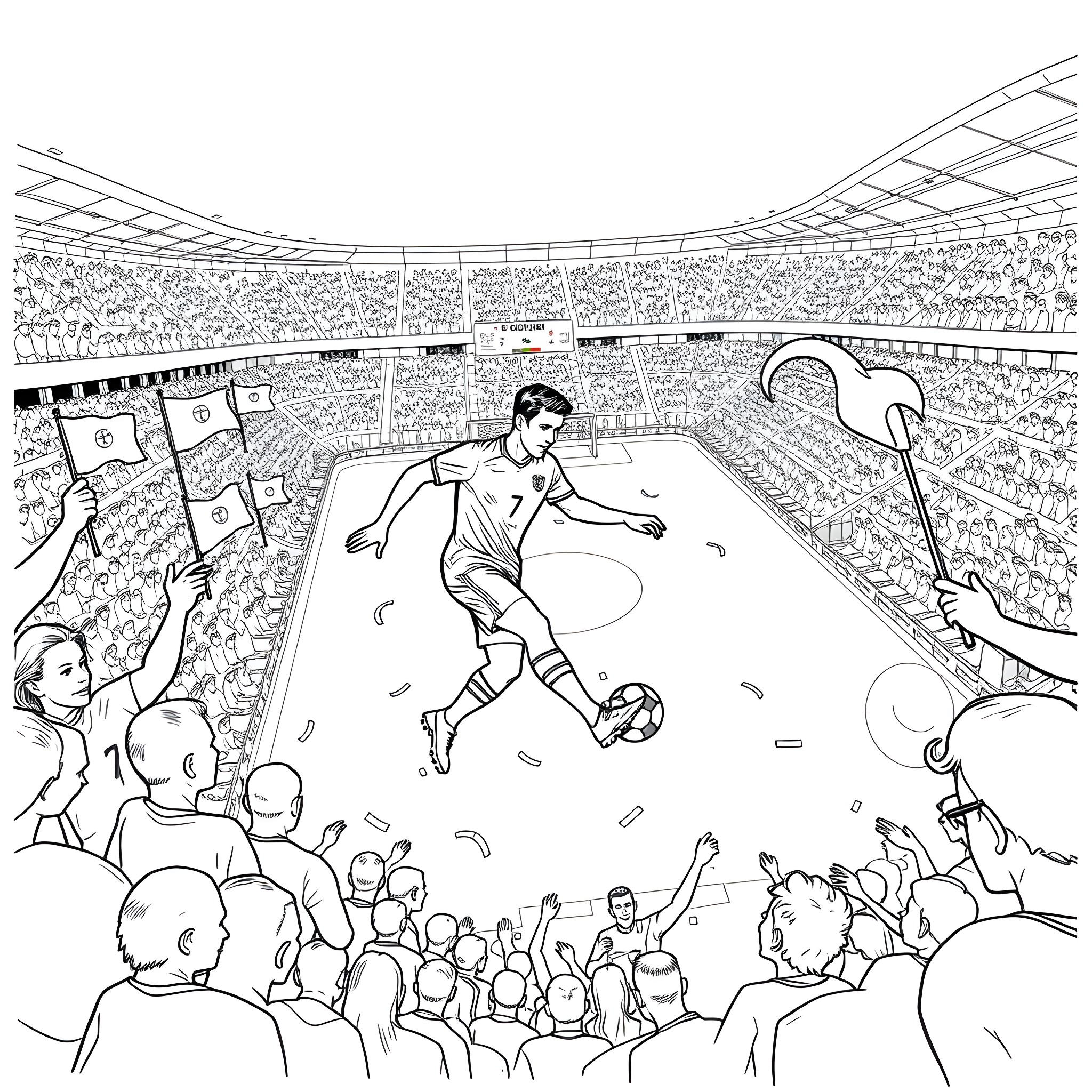 Soccer Player Kicking Ball in Crowded Stadium Coloring Page (free black-and-white line drawing printable PDF for all, from beginners to advanced learners, including children, teens, adults, and seniors)