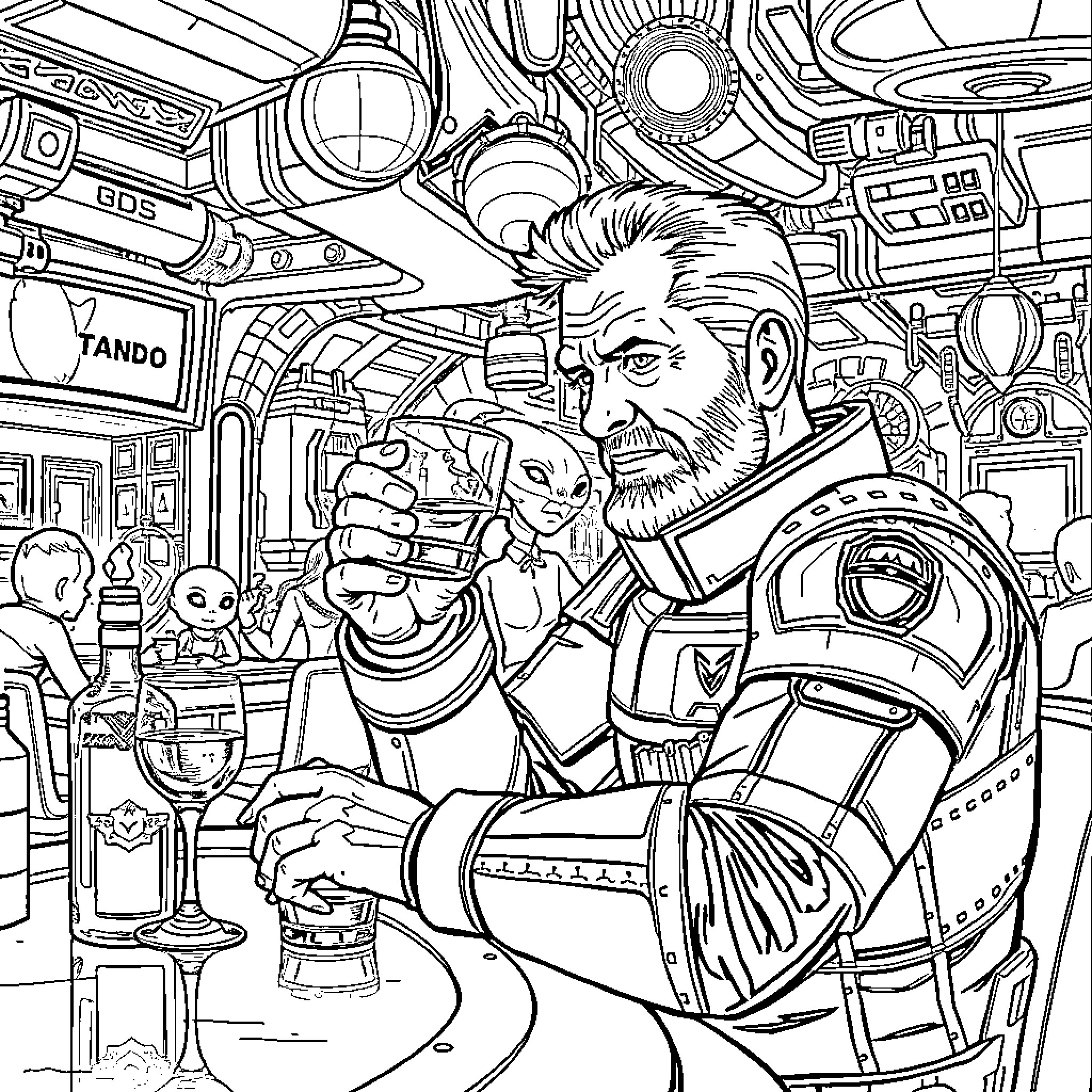 Commander Enjoying Drinks with Alien Companions Coloring Page (free black-and-white line drawing printable PDF for all, from beginners to advanced learners, including children, teens, adults, and seniors)