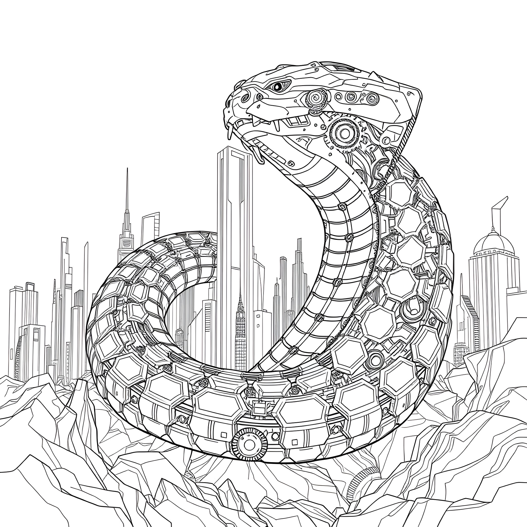 Snake Coiled in Futuristic City Landscape Coloring Page (free black-and-white line drawing printable PDF for all, from beginners to advanced learners, including children, teens, adults, and seniors)