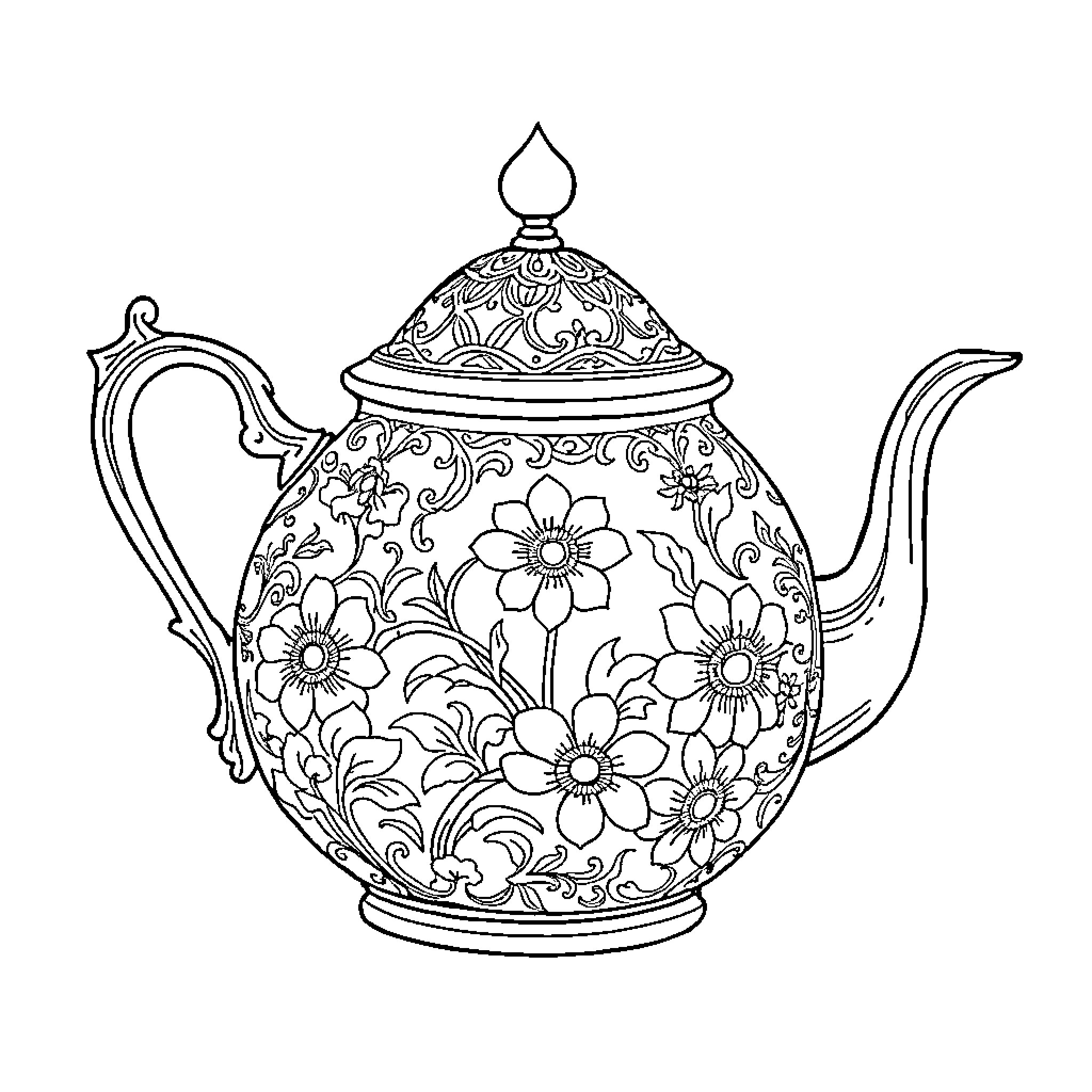 Teapot with ornate floral decorations Coloring Page (free black-and-white line drawing printable PDF for all, from beginners to advanced learners, including children, teens, adults, and seniors)