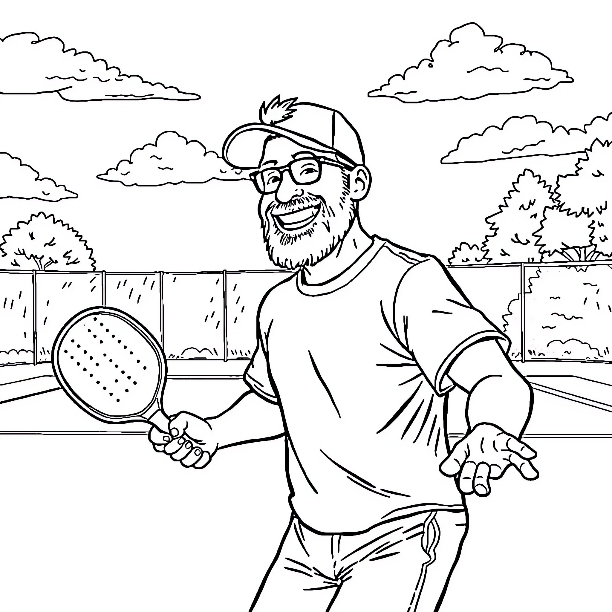 Mr T Enthusiastically Playing Tennis on Court Coloring Page (free black-and-white line drawing printable PDF for all, from beginners to advanced learners, including children, teens, adults, and seniors)