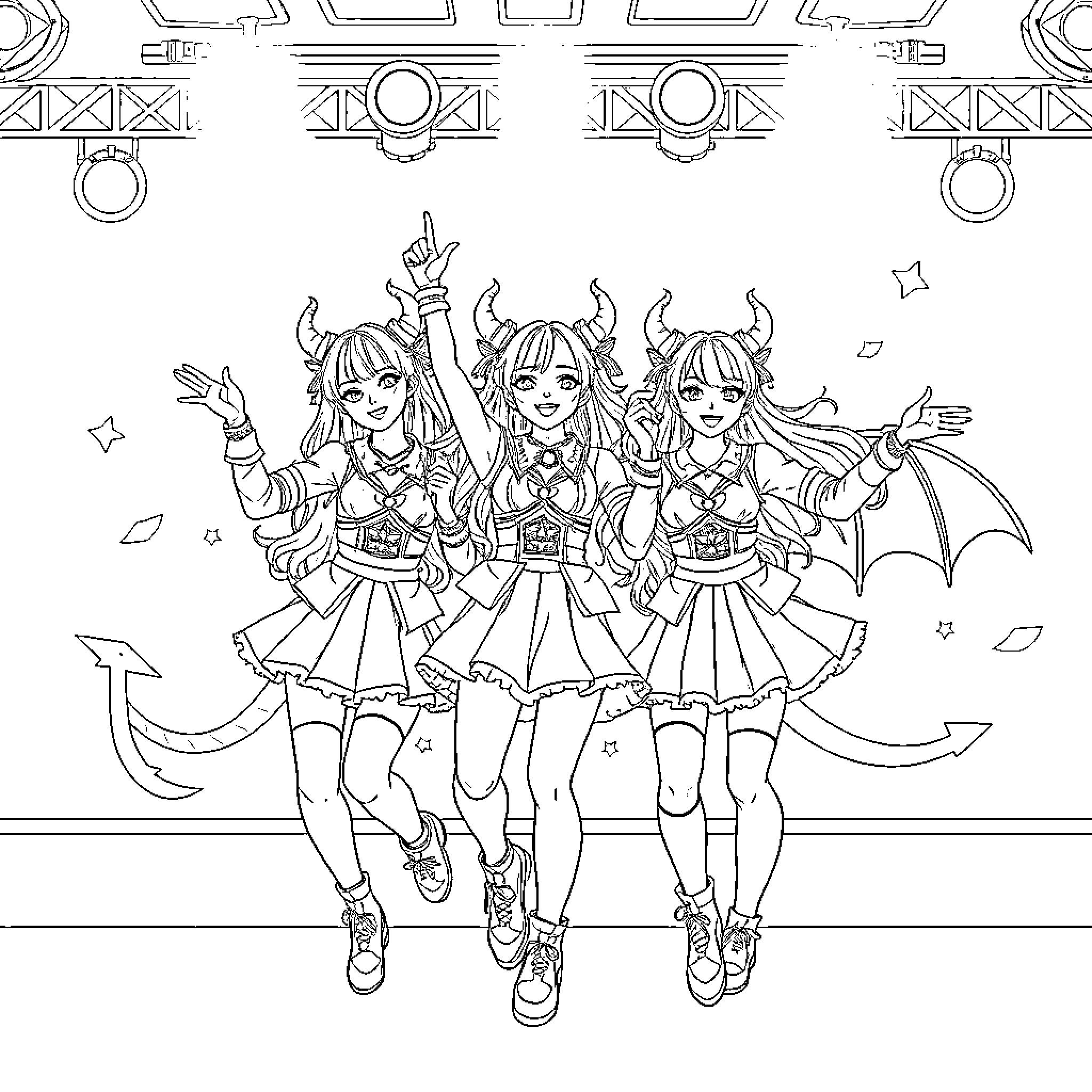 Kpop Demon Hunter Trio Posing in Demonic Outfits Coloring Page (free black-and-white line drawing printable PDF for all, from beginners to advanced learners, including children, teens, adults, and seniors)