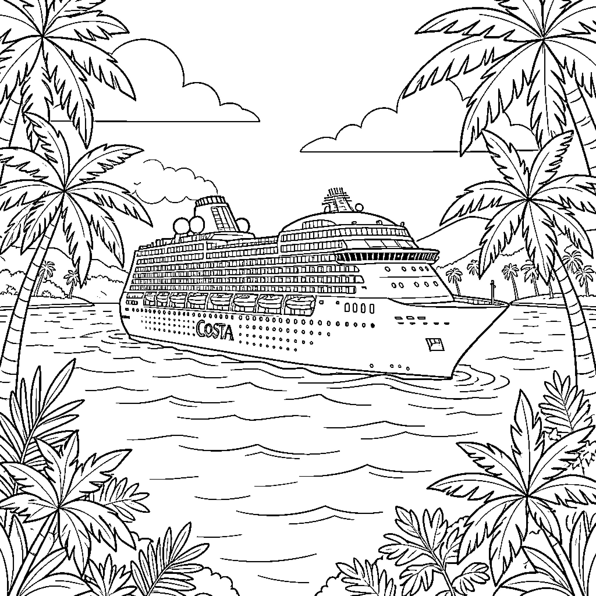 Cruise Ship sailing through tropical islands with palm trees Coloring Page (free black-and-white line drawing printable PDF for all, from beginners to advanced learners, including children, teens, adults, and seniors)
