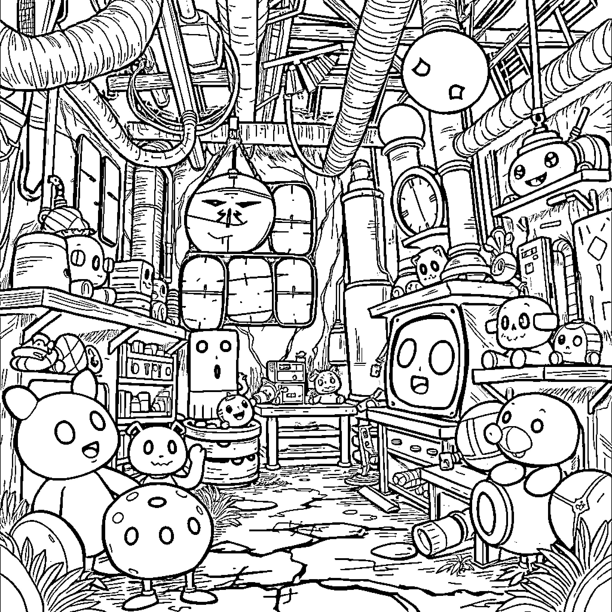 Poppy's Whimsical Mechanical Wonderland Coloring Page (free black-and-white line drawing printable PDF for all, from beginners to advanced learners, including children, teens, adults, and seniors)