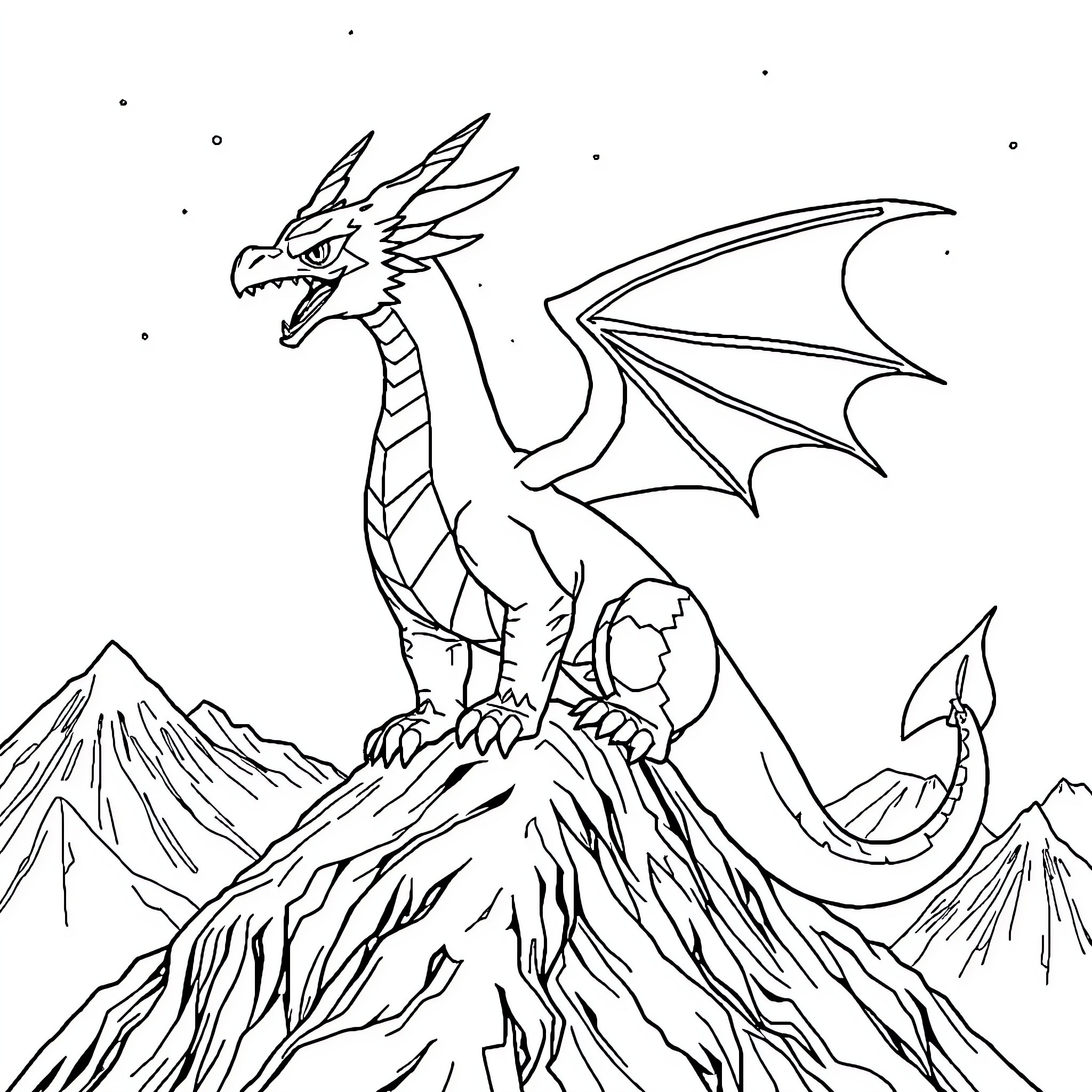 Pokémon Dragon Perched on Rocky Mountain Coloring Page (free black-and-white line drawing printable PDF for all, from beginners to advanced learners, including children, teens, adults, and seniors)