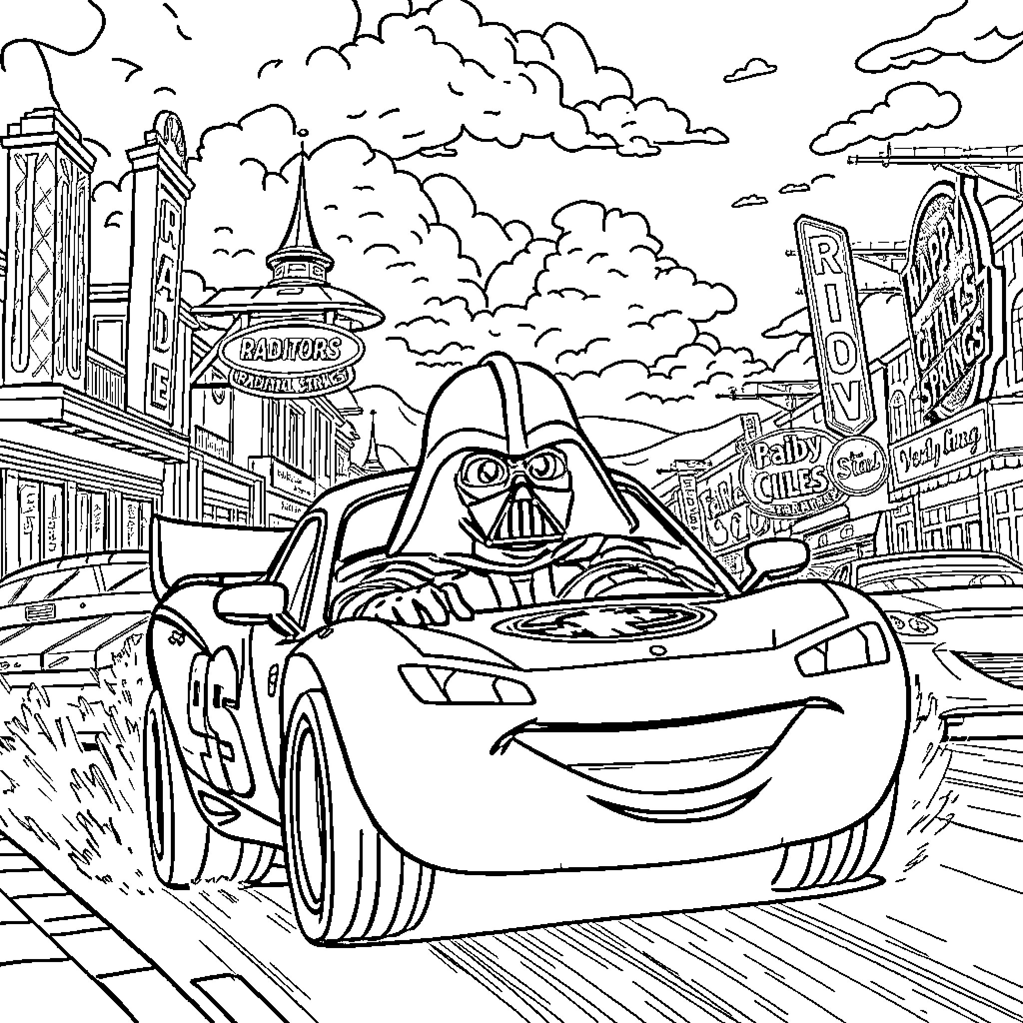 Darth Vader Cruising Through the City Streets Coloring Page (free black-and-white line drawing printable PDF for all, from beginners to advanced learners, including children, teens, adults, and seniors)