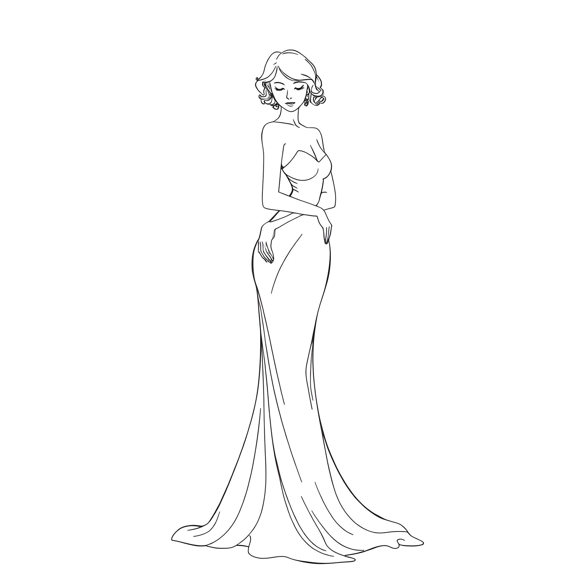Woman in elegant evening gown Coloring Page (free black-and-white line drawing printable PDF for all, from beginners to advanced learners, including children, teens, adults, and seniors)