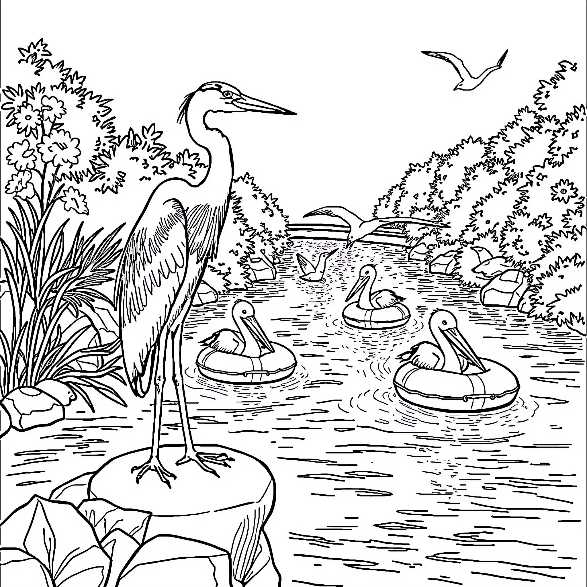 Heron standing tall in a serene wetland scene Coloring Page (free black-and-white line drawing printable PDF for all, from beginners to advanced learners, including children, teens, adults, and seniors)