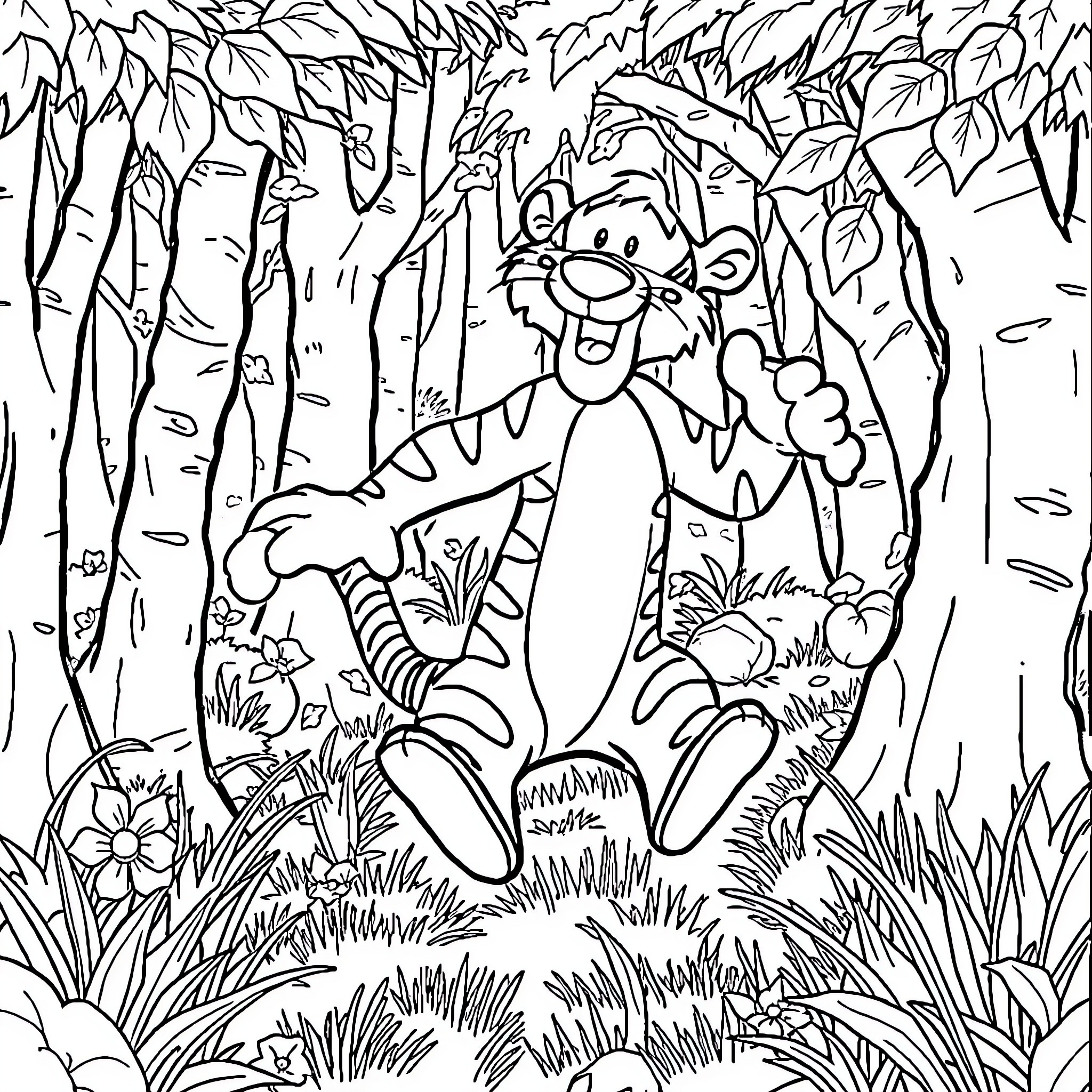 Tigger bouncing joyfully through the forest Coloring Page (free black-and-white line drawing printable PDF for all, from beginners to advanced learners, including children, teens, adults, and seniors)