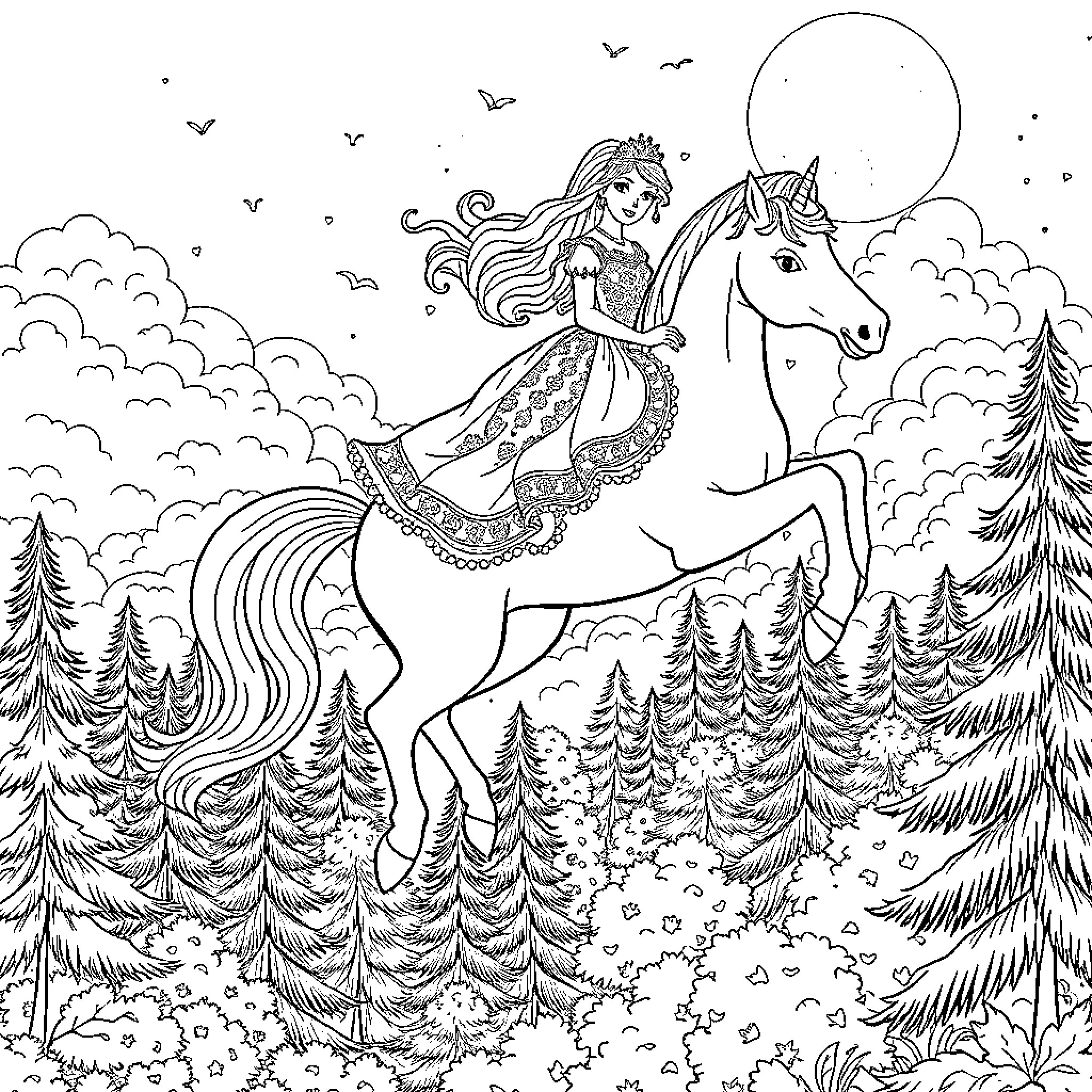 Princess Riding a Unicorn in a Magical Forest Coloring Page (free black-and-white line drawing printable PDF for all, from beginners to advanced learners, including children, teens, adults, and seniors)