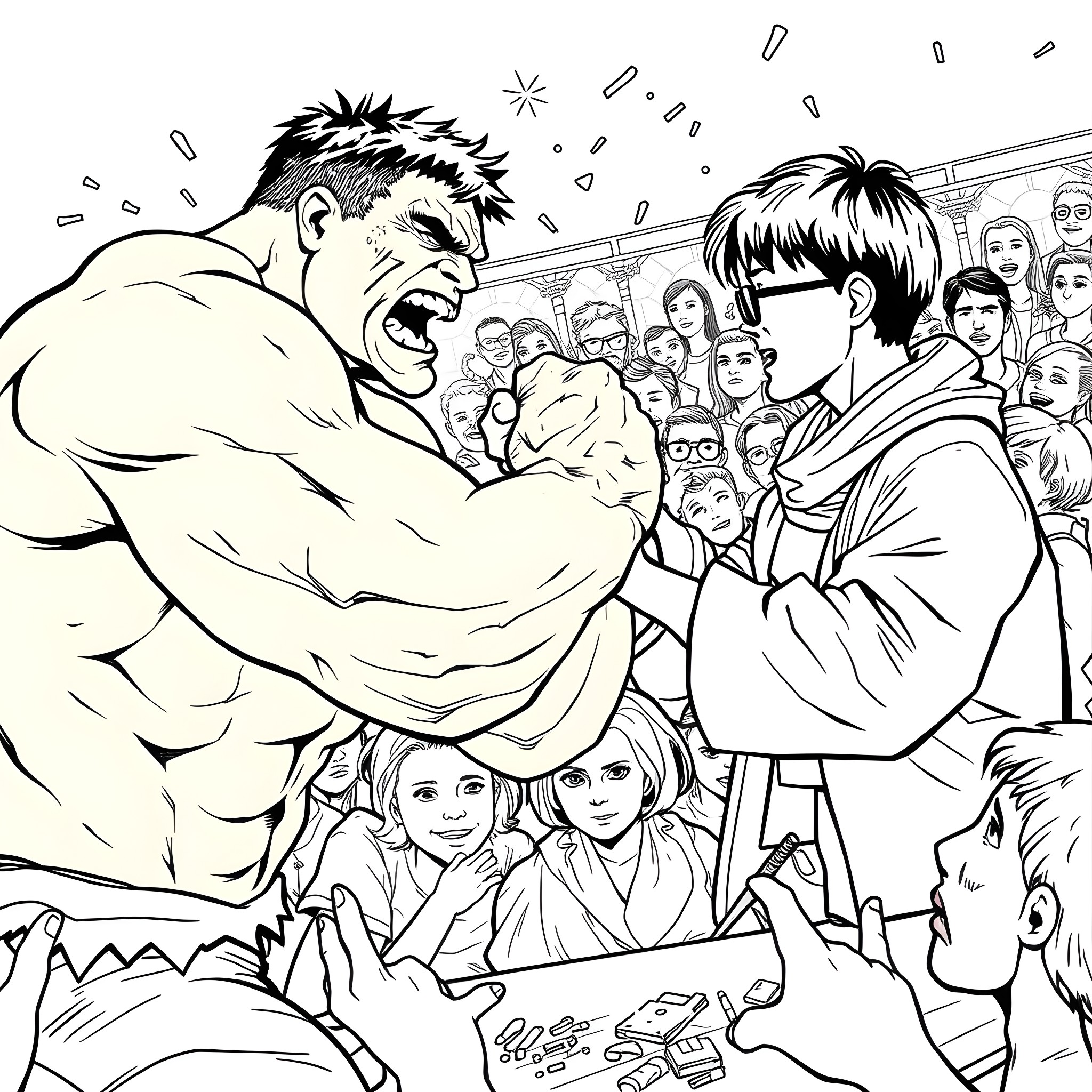 Hulk smashing through the crowd in a scene of chaos Coloring Page (free black-and-white line drawing printable PDF for all, from beginners to advanced learners, including children, teens, adults, and seniors)
