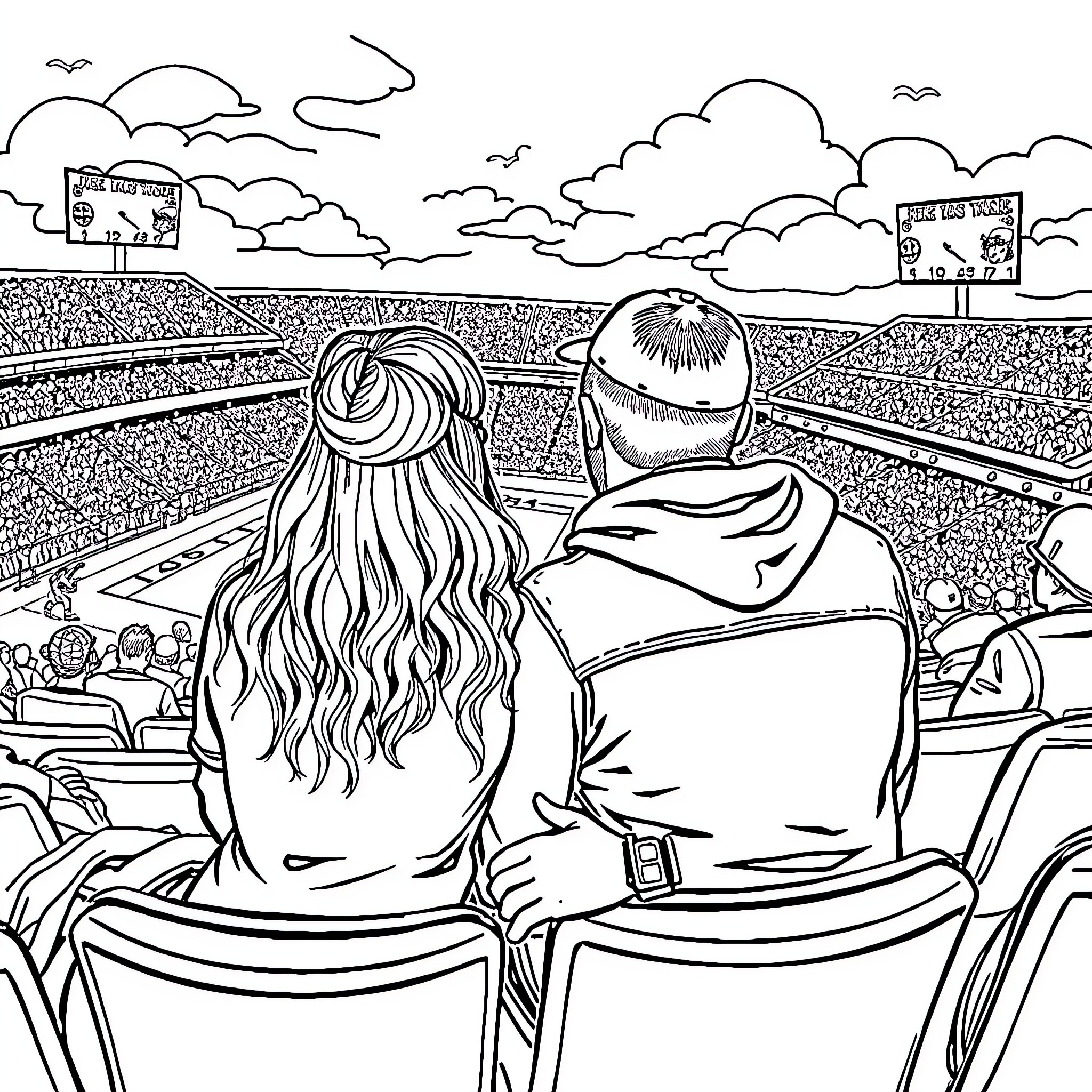 Taylor Swift Attending a Sporting Event with a Companion Coloring Page (free black-and-white line drawing printable PDF for all, from beginners to advanced learners, including children, teens, adults, and seniors)